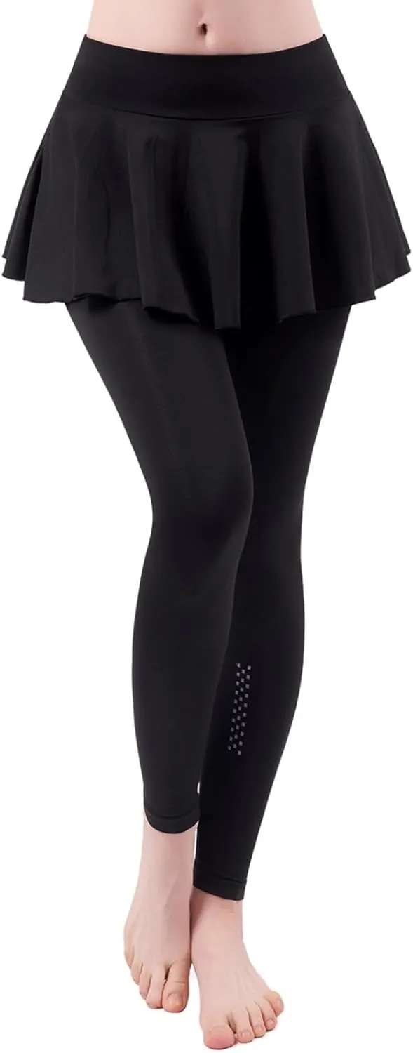 2 in 1 Womens Leggings with Skirt High Waisted Tennis Athletic Flowy Skirted Legging Active Sport Golf Tennis Skirt