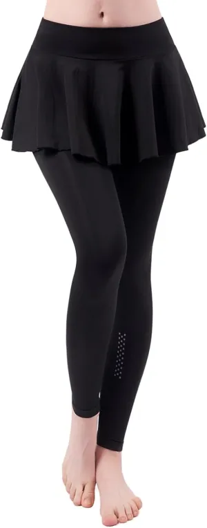 2 in 1 Womens Leggings with Skirt High Waisted Tennis Athletic Flowy Skirted Legging Active Sport Golf Tennis Skirt