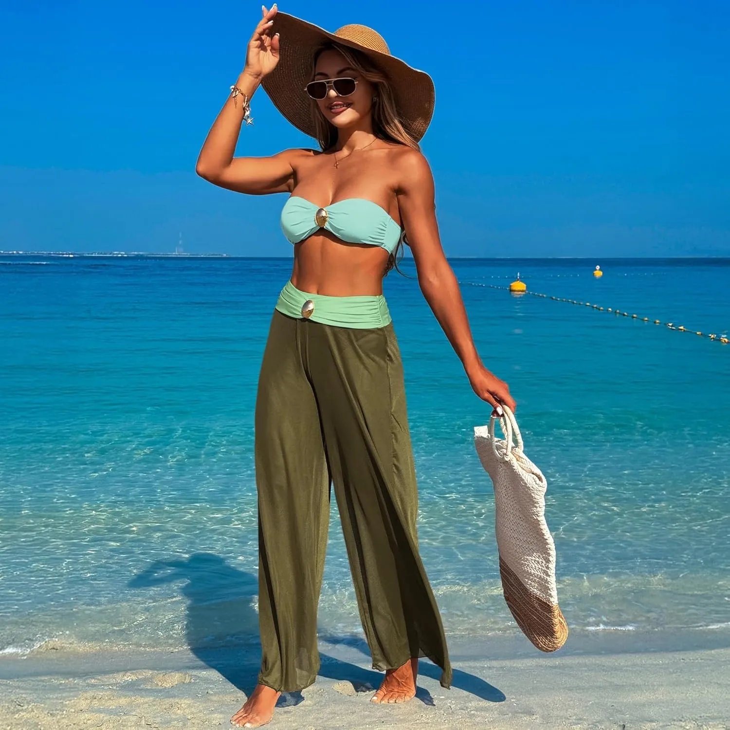 3 Piece Swimsuits for Women Tummy Control Bikini Set with Beach Cover Up Mesh Pants Sexy Tube Tops Swimwear
