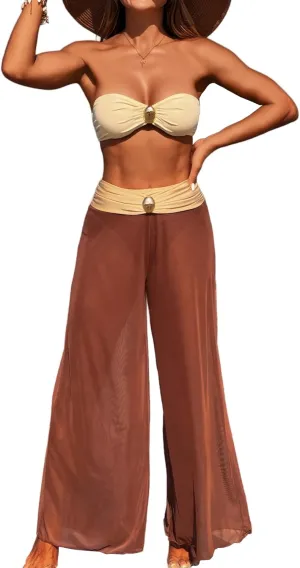 3 Piece Swimsuits for Women Tummy Control Bikini Set with Beach Cover Up Mesh Pants Sexy Tube Tops Swimwear