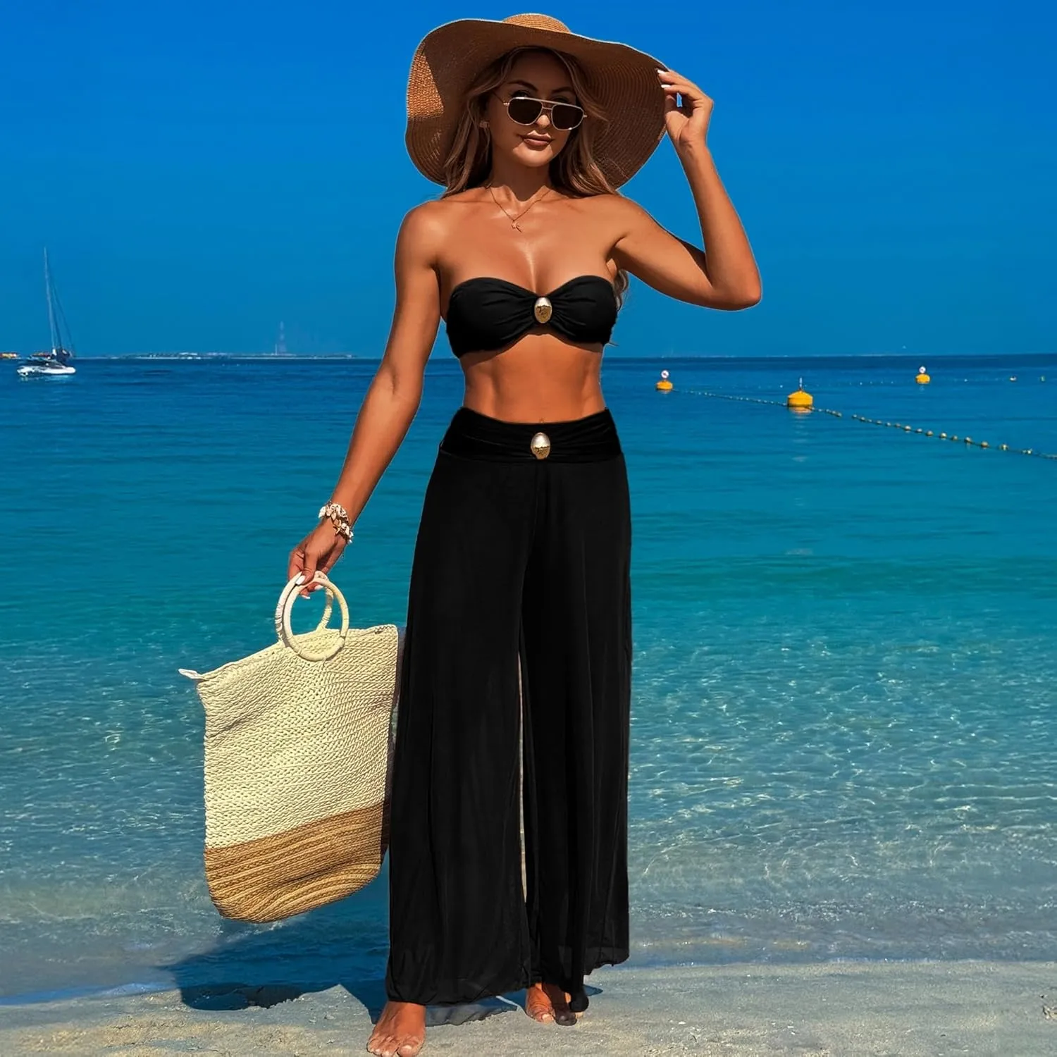 3 Piece Swimsuits for Women Tummy Control Bikini Set with Beach Cover Up Mesh Pants Sexy Tube Tops Swimwear
