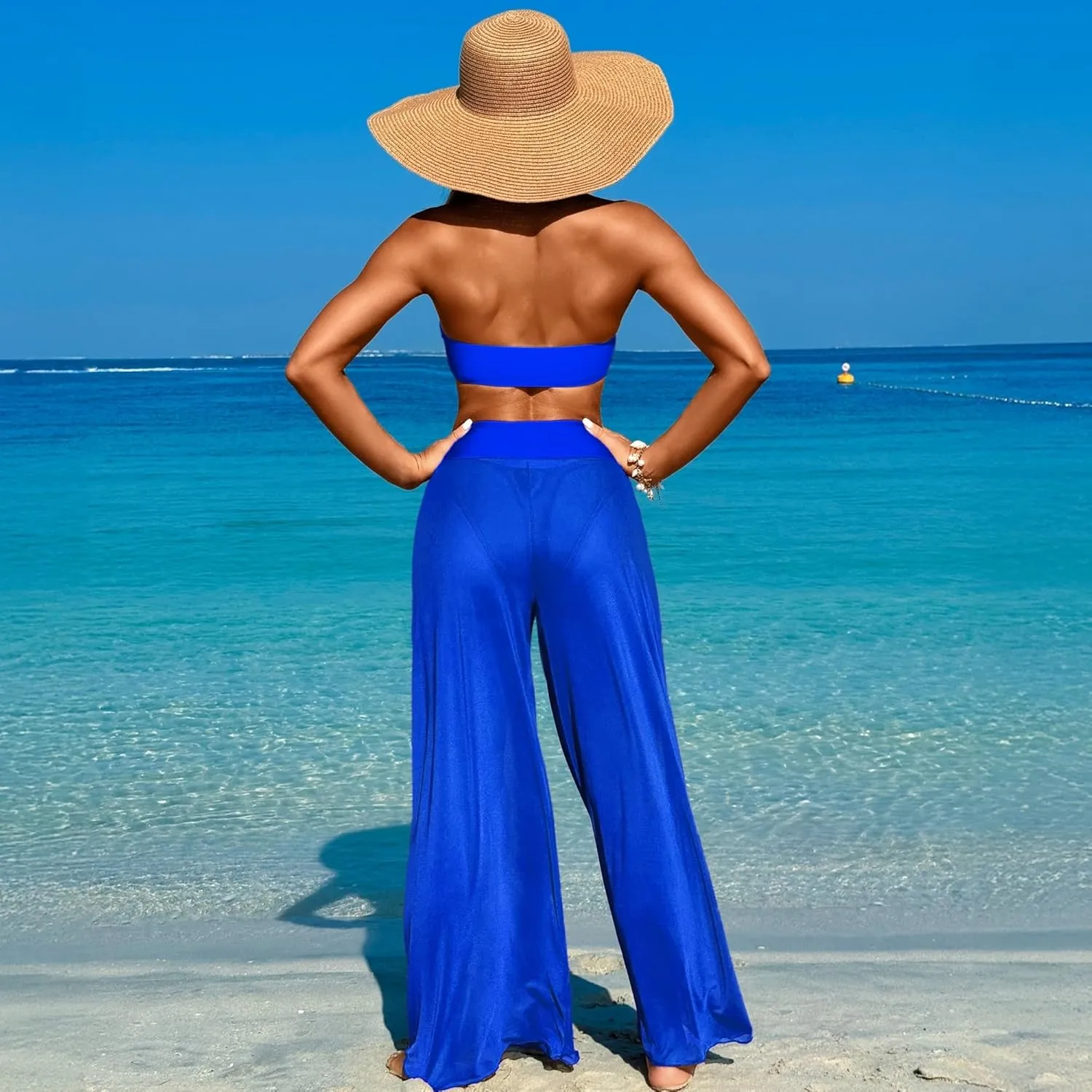3 Piece Swimsuits for Women Tummy Control Bikini Set with Beach Cover Up Mesh Pants Sexy Tube Tops Swimwear