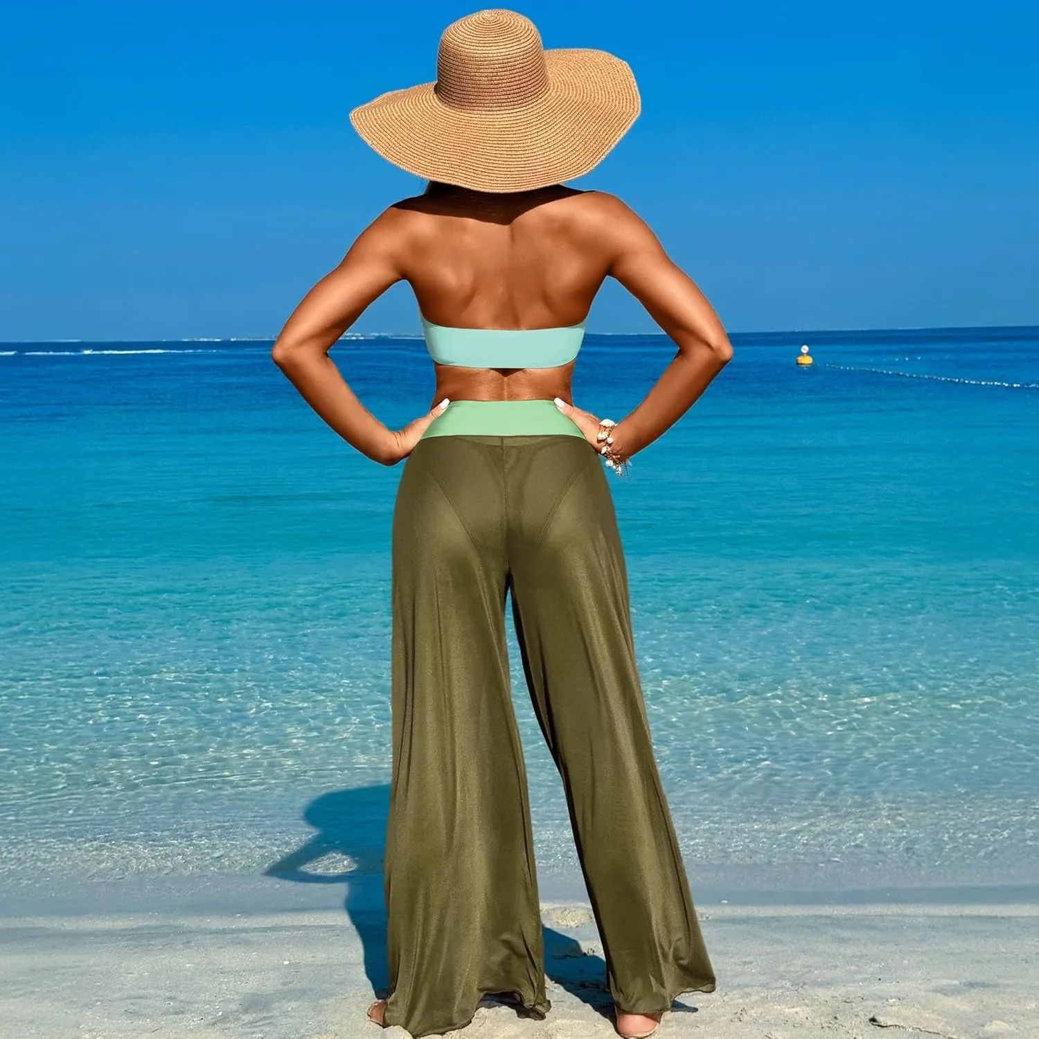 3 Piece Swimsuits for Women Tummy Control Bikini Set with Beach Cover Up Mesh Pants Sexy Tube Tops Swimwear