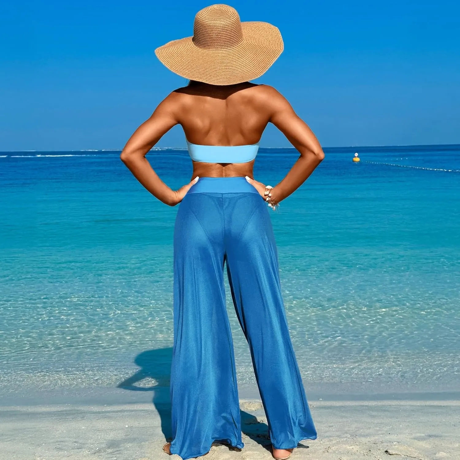 3 Piece Swimsuits for Women Tummy Control Bikini Set with Beach Cover Up Mesh Pants Sexy Tube Tops Swimwear
