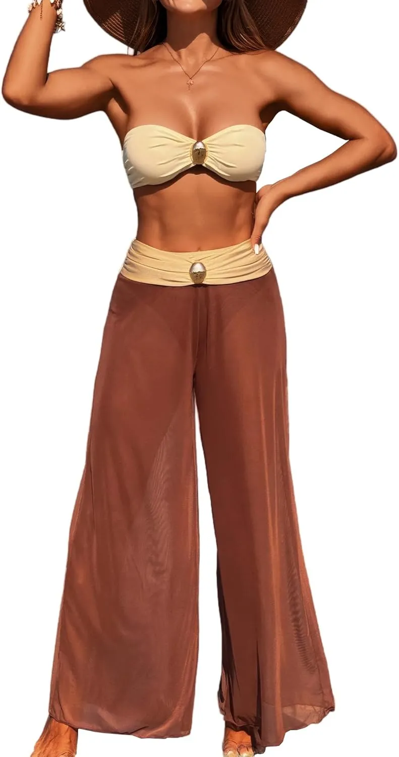 3 Piece Swimsuits for Women Tummy Control Bikini Set with Beach Cover Up Mesh Pants Sexy Tube Tops Swimwear