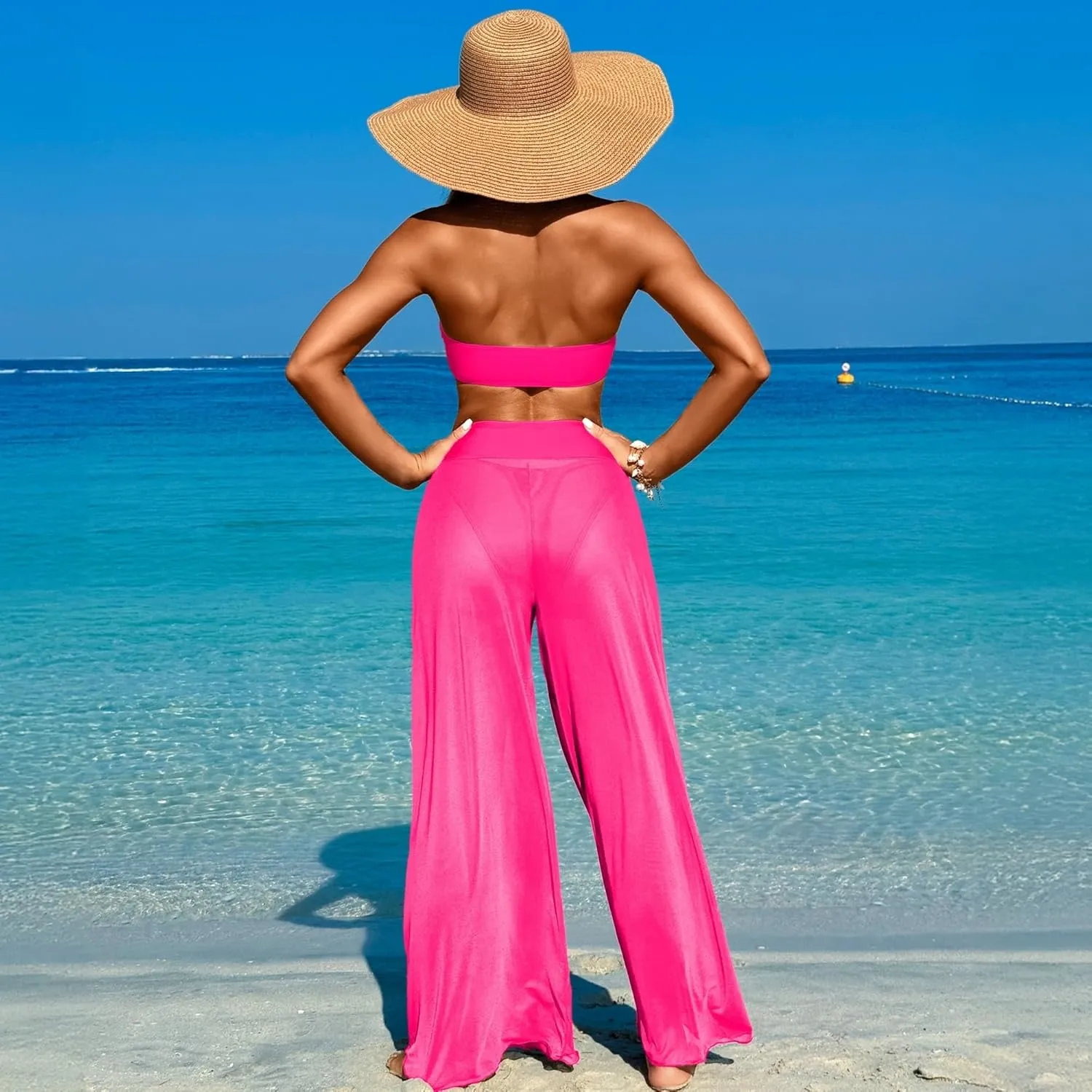 3 Piece Swimsuits for Women Tummy Control Bikini Set with Beach Cover Up Mesh Pants Sexy Tube Tops Swimwear