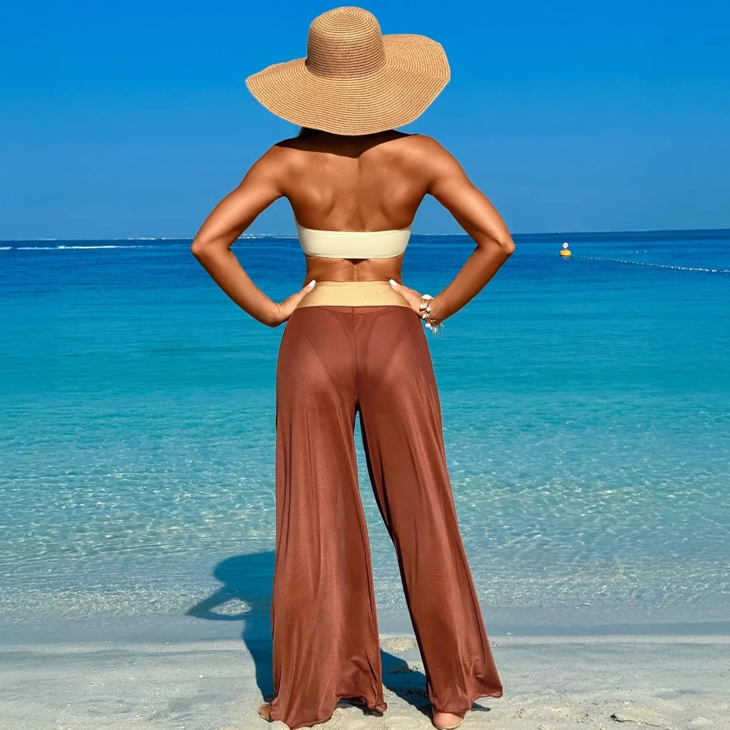 3 Piece Swimsuits for Women Tummy Control Bikini Set with Beach Cover Up Mesh Pants Sexy Tube Tops Swimwear