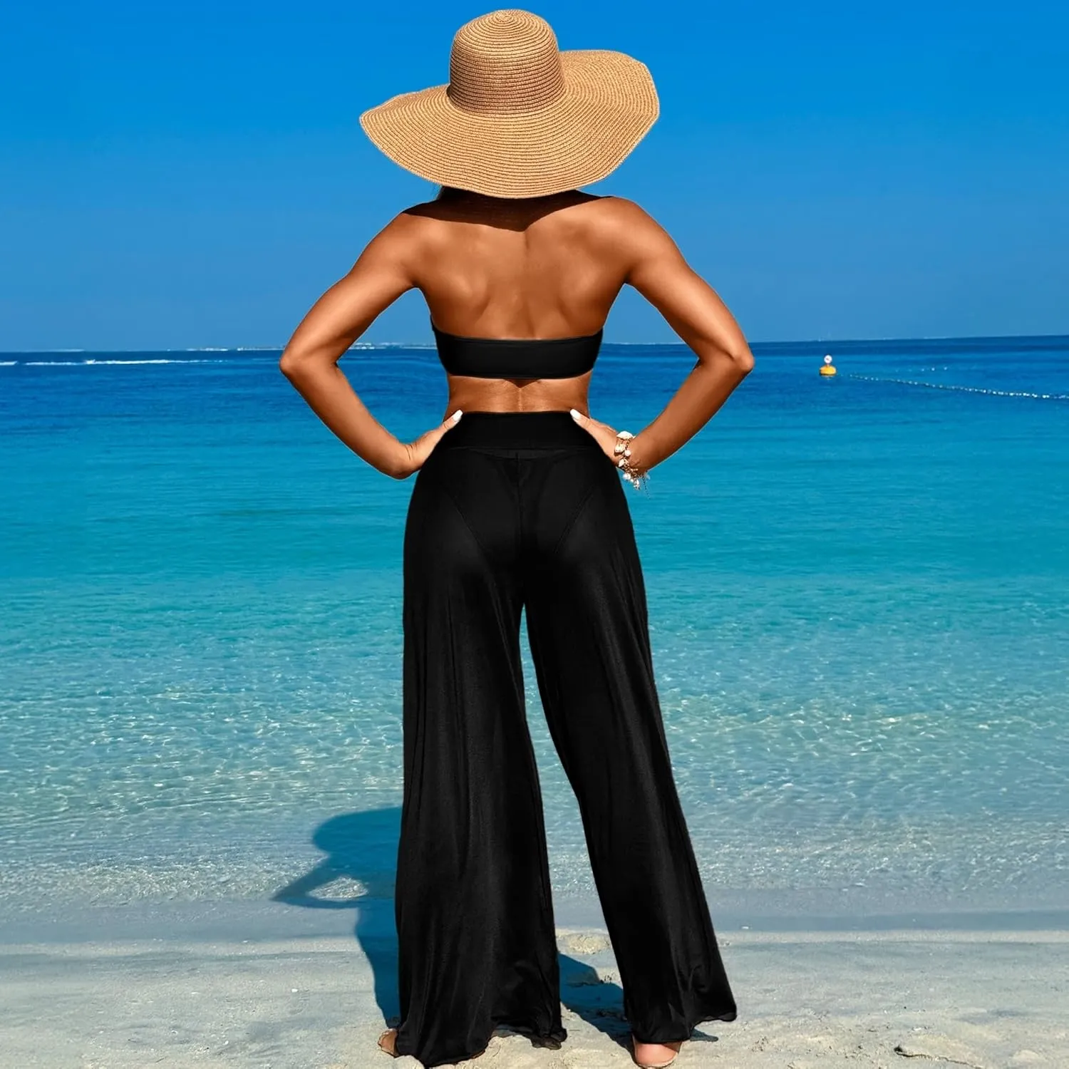 3 Piece Swimsuits for Women Tummy Control Bikini Set with Beach Cover Up Mesh Pants Sexy Tube Tops Swimwear