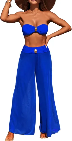 3 Piece Swimsuits for Women Tummy Control Bikini Set with Beach Cover Up Mesh Pants Sexy Tube Tops Swimwear