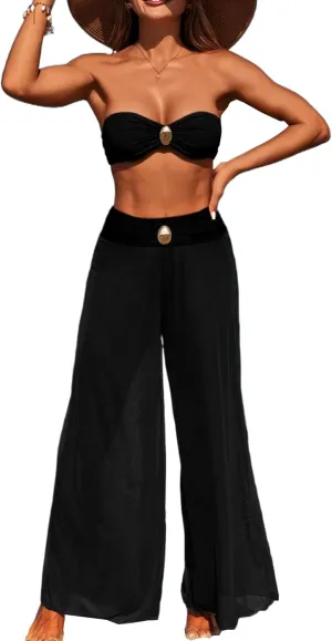 3 Piece Swimsuits for Women Tummy Control Bikini Set with Beach Cover Up Mesh Pants Sexy Tube Tops Swimwear