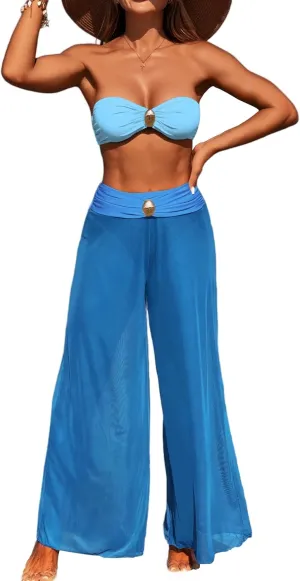 3 Piece Swimsuits for Women Tummy Control Bikini Set with Beach Cover Up Mesh Pants Sexy Tube Tops Swimwear