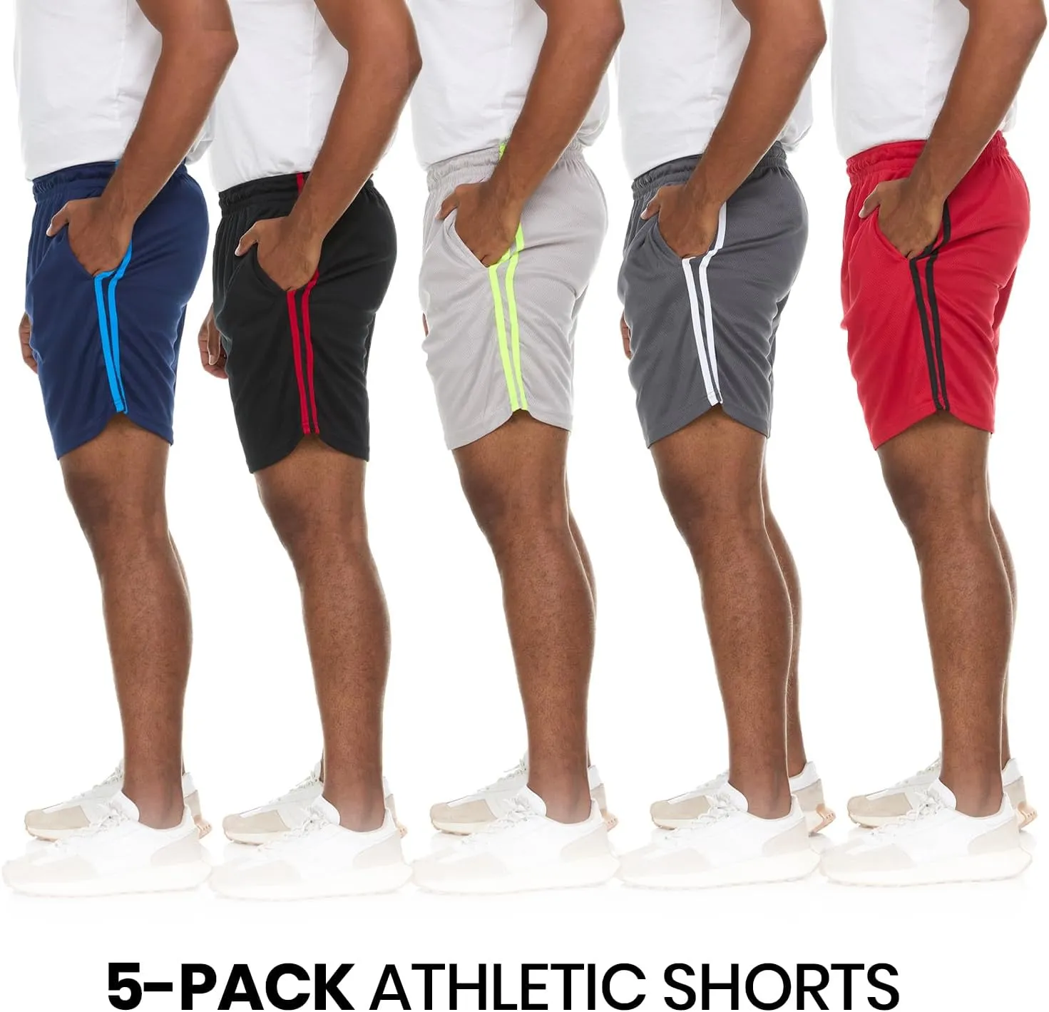 5 Pack: Men's Dry-Fit Sweat Resistant Active Athletic Performance Shorts