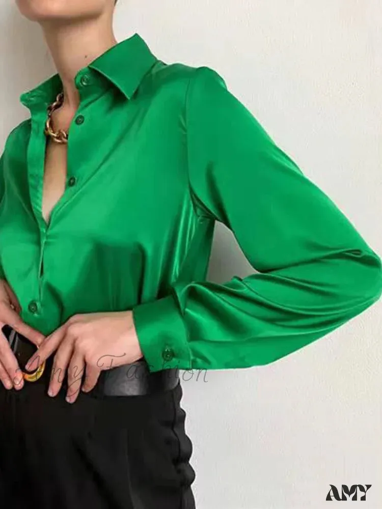 Amy Fashion - Elegant Long Sleeve Green Silk Blouse