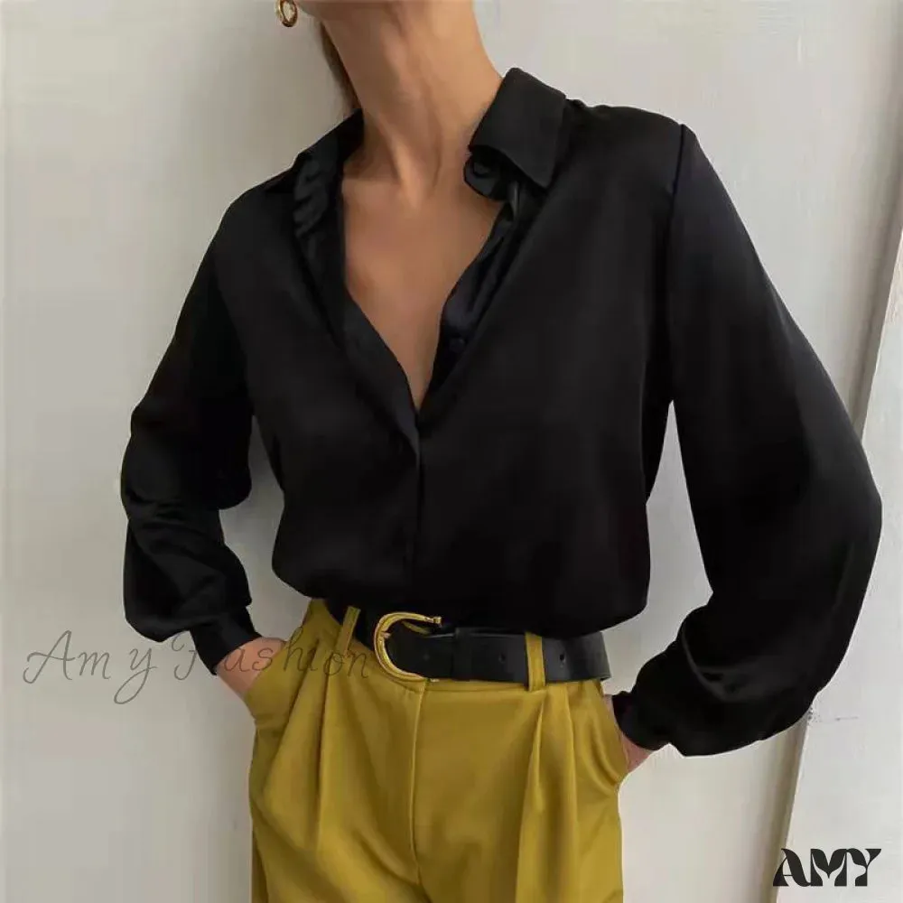 Amy Fashion - Elegant Long Sleeve Green Silk Blouse