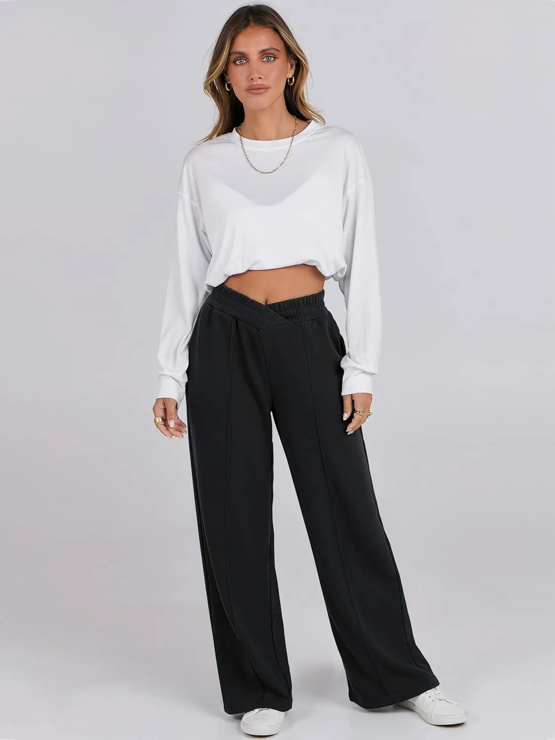 ANRABESS Women Asymmetric High Waist Wide Straight Leg Sweatpants with Pockets 2024 Fall Trendy Sweat Jogger Pants
