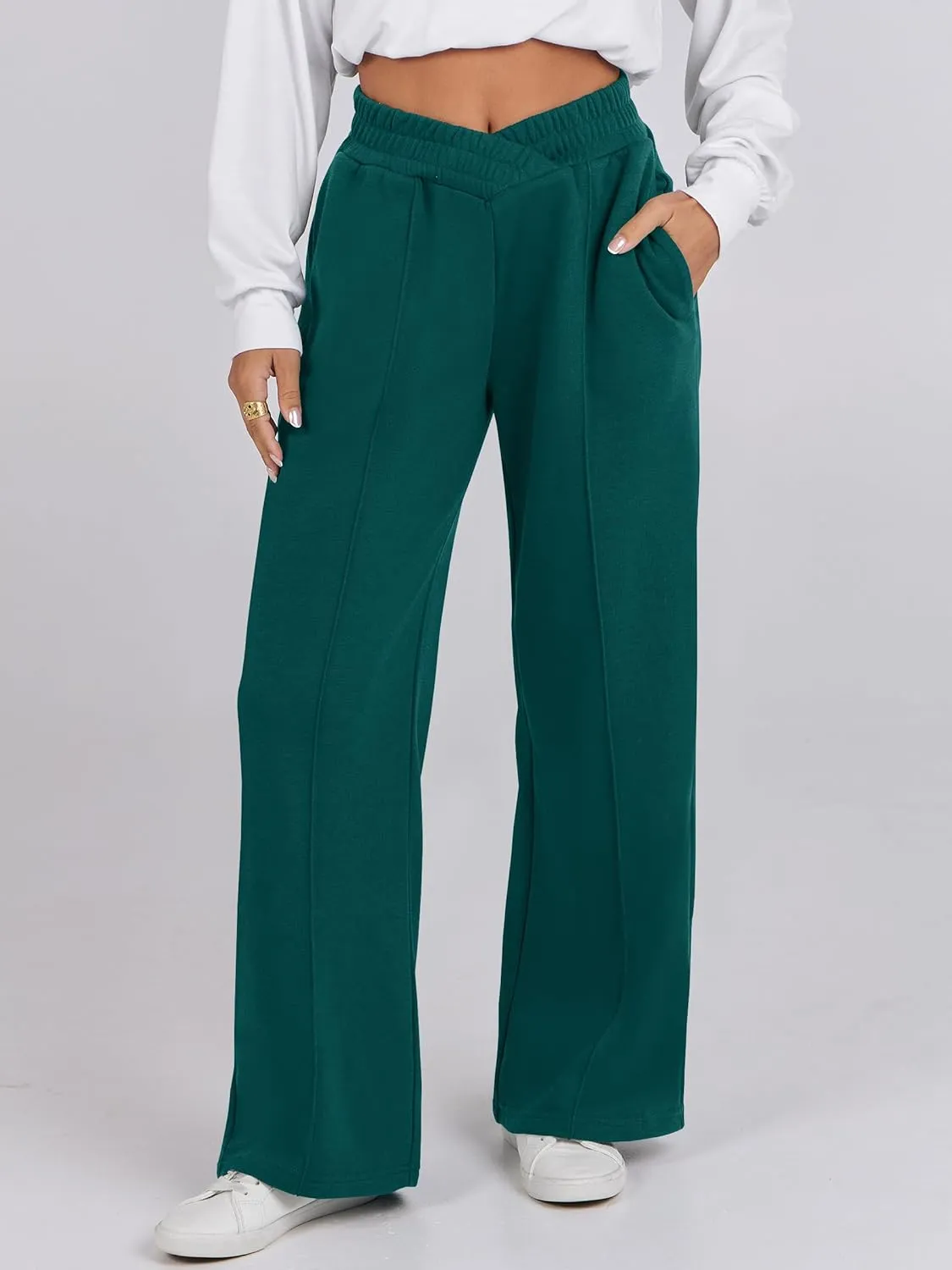 ANRABESS Women Asymmetric High Waist Wide Straight Leg Sweatpants with Pockets 2024 Fall Trendy Sweat Jogger Pants