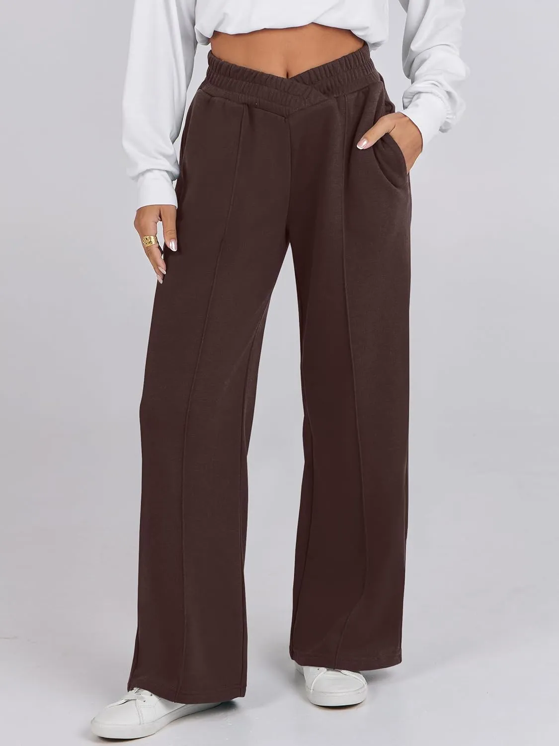 ANRABESS Women Asymmetric High Waist Wide Straight Leg Sweatpants with Pockets 2024 Fall Trendy Sweat Jogger Pants