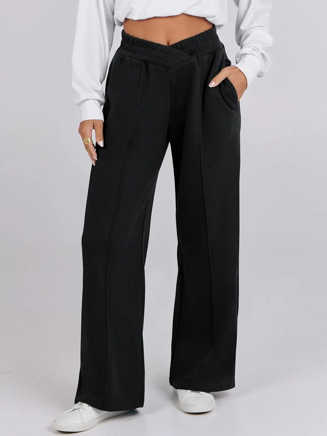 ANRABESS Women Asymmetric High Waist Wide Straight Leg Sweatpants with Pockets 2024 Fall Trendy Sweat Jogger Pants