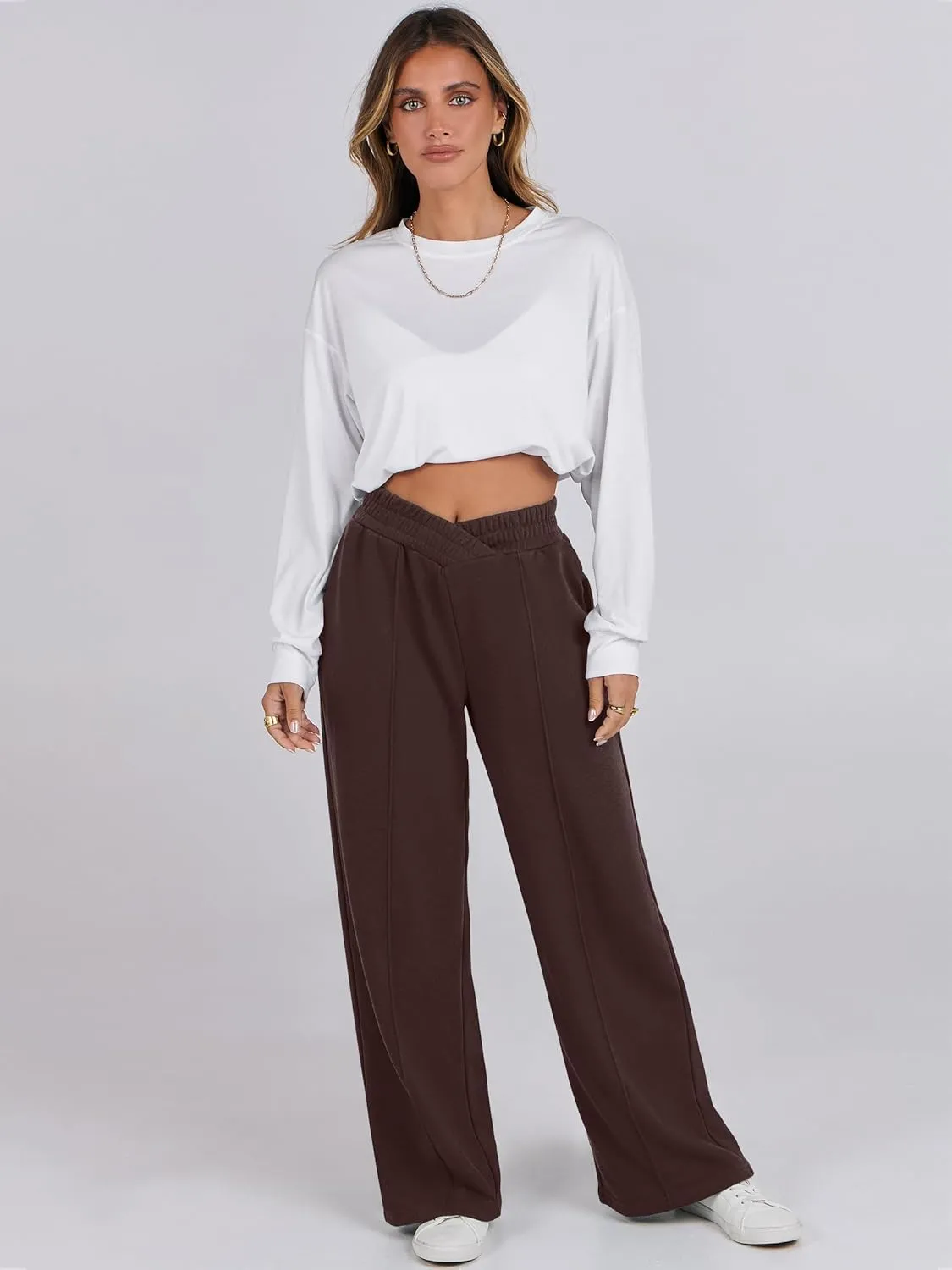 ANRABESS Women Asymmetric High Waist Wide Straight Leg Sweatpants with Pockets 2024 Fall Trendy Sweat Jogger Pants