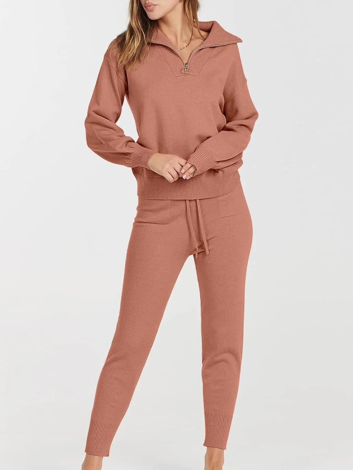 ANRABESS Women's Two Piece Outfits Sweater Sets Long Sleeve Zip Up Knit Pullover Jogger Pants Tracksuit 2024 Fall Lounge Sets