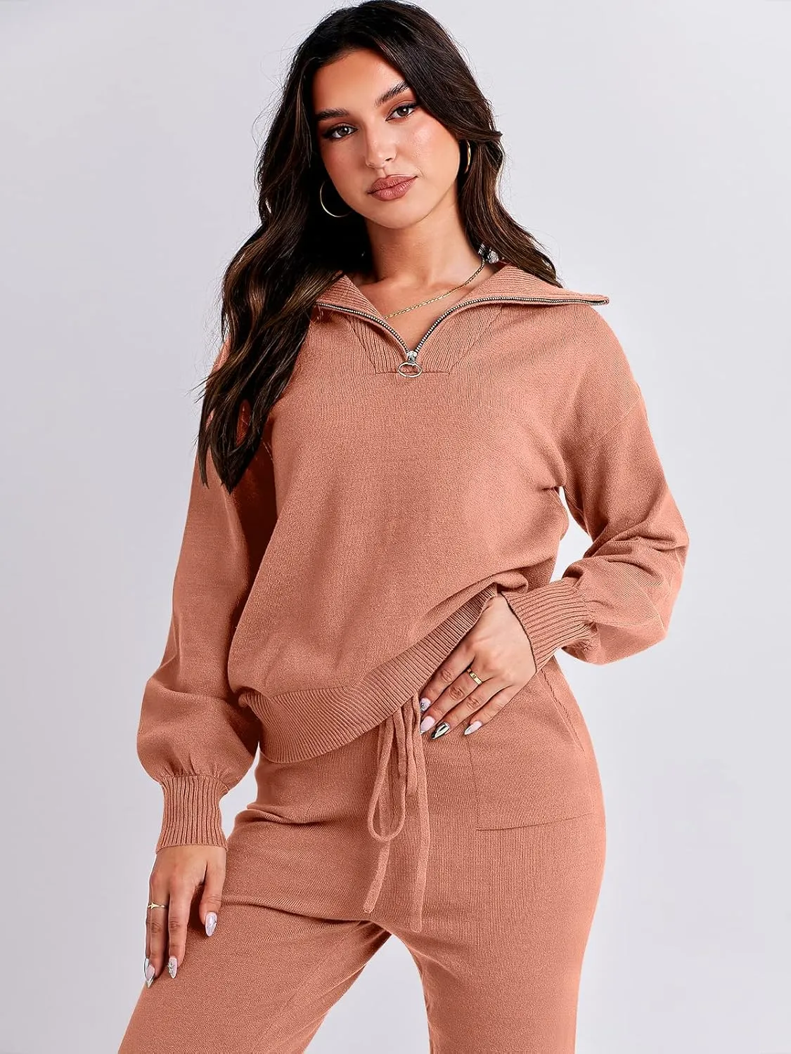 ANRABESS Women's Two Piece Outfits Sweater Sets Long Sleeve Zip Up Knit Pullover Jogger Pants Tracksuit 2024 Fall Lounge Sets