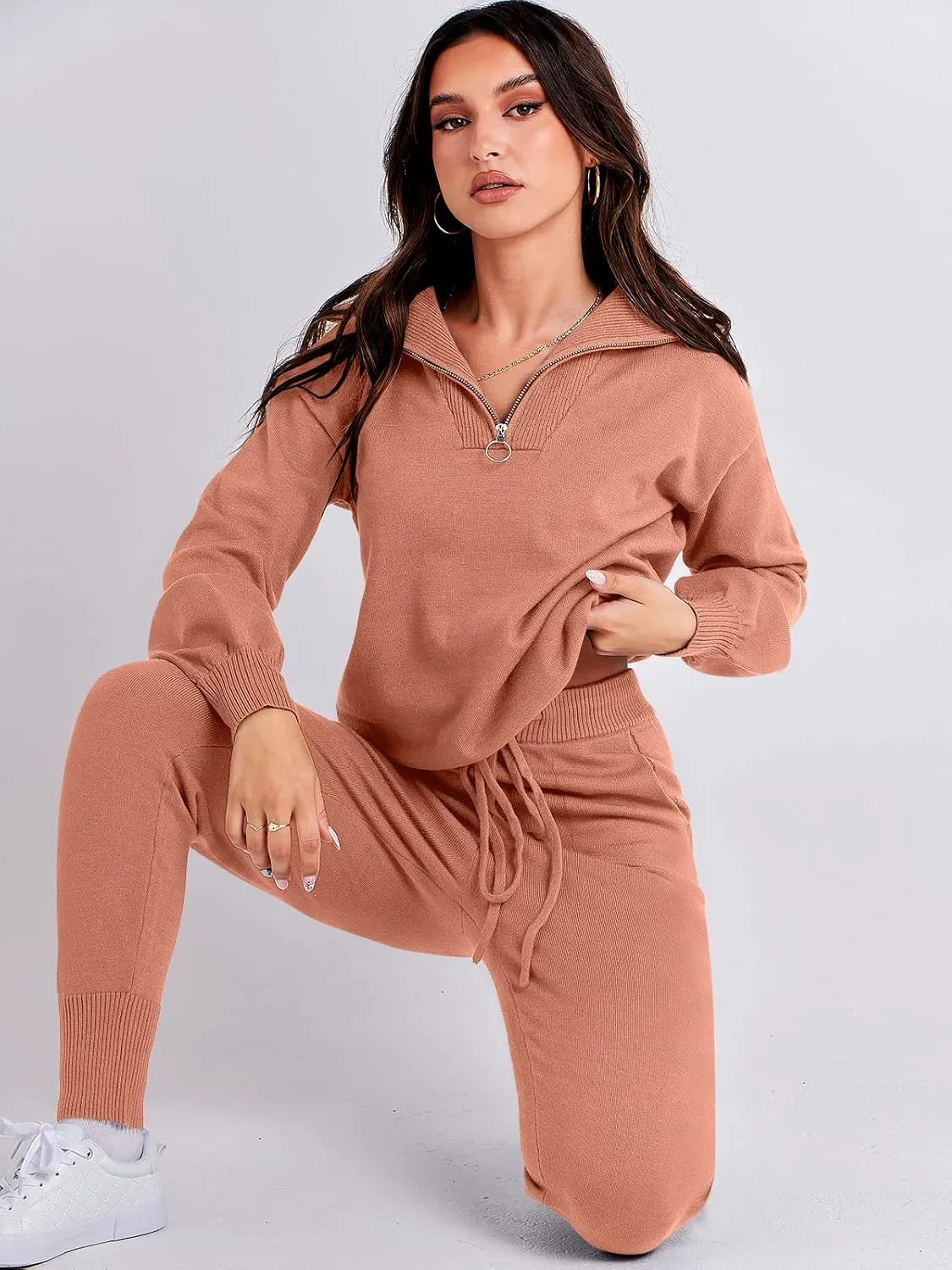ANRABESS Women's Two Piece Outfits Sweater Sets Long Sleeve Zip Up Knit Pullover Jogger Pants Tracksuit 2024 Fall Lounge Sets
