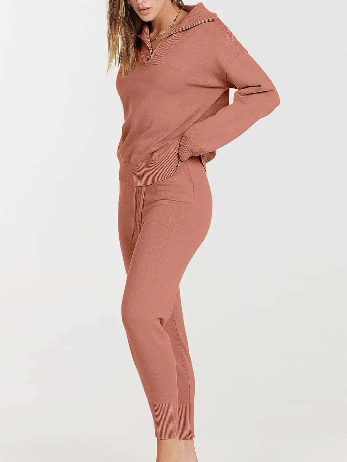 ANRABESS Women's Two Piece Outfits Sweater Sets Long Sleeve Zip Up Knit Pullover Jogger Pants Tracksuit 2024 Fall Lounge Sets