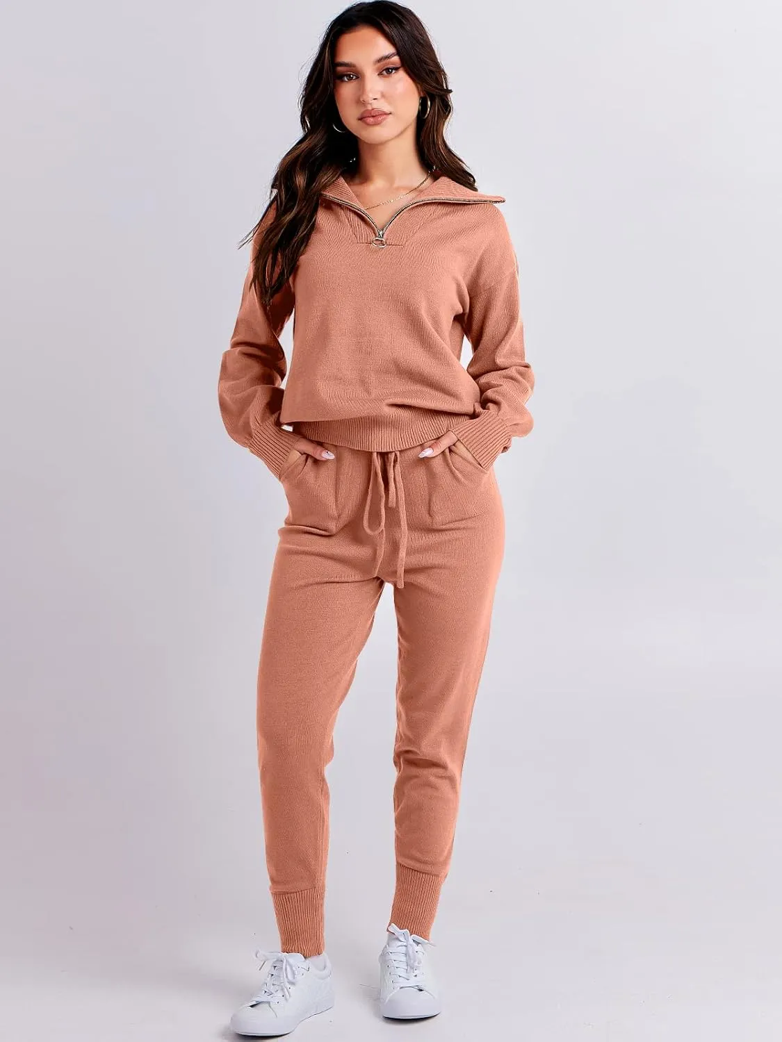 ANRABESS Women's Two Piece Outfits Sweater Sets Long Sleeve Zip Up Knit Pullover Jogger Pants Tracksuit 2024 Fall Lounge Sets