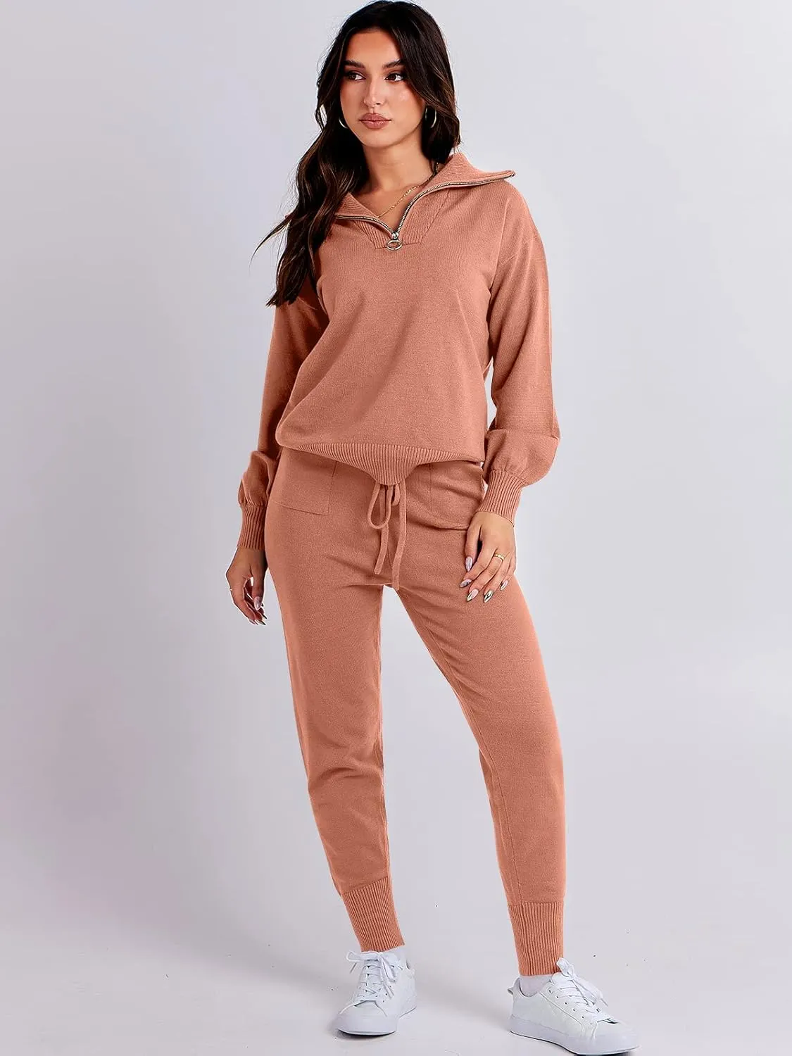 ANRABESS Women's Two Piece Outfits Sweater Sets Long Sleeve Zip Up Knit Pullover Jogger Pants Tracksuit 2024 Fall Lounge Sets