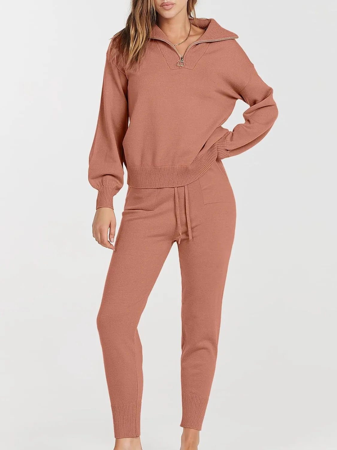 ANRABESS Women's Two Piece Outfits Sweater Sets Long Sleeve Zip Up Knit Pullover Jogger Pants Tracksuit 2024 Fall Lounge Sets