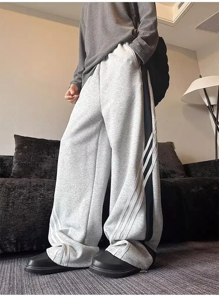 Baggy Sweatpants Men Striped Wide Leg Track Pants Women Cotton Elastic Waist Loose Fit Cargo Joggers