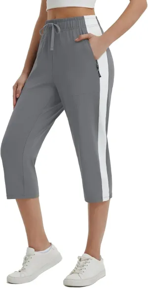 baleaf Womens Yoga Capri Pants with Zipper Pockets Summer Drawstring Capris Joggers Lounge Crop 19"
