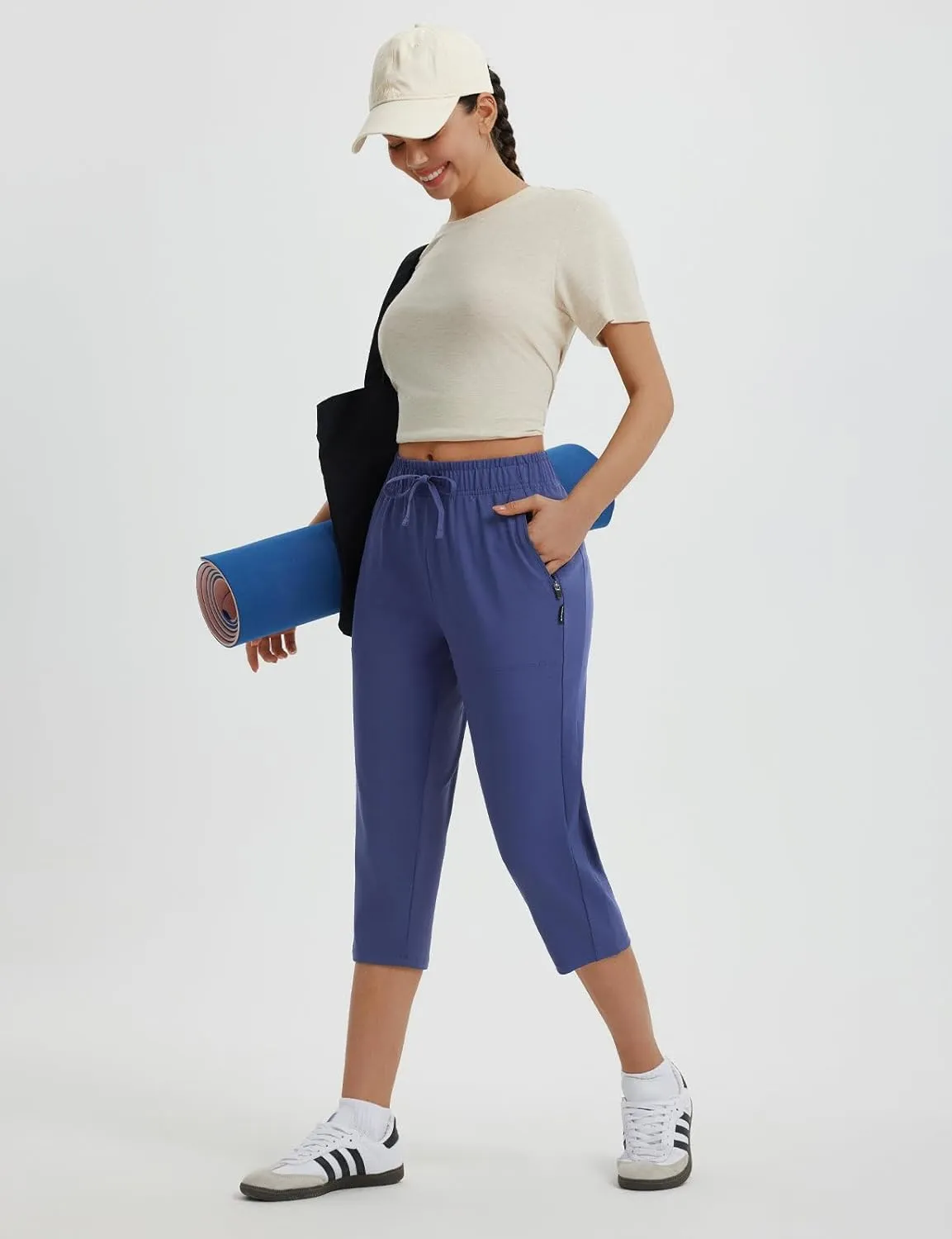 baleaf Womens Yoga Capri Pants with Zipper Pockets Summer Drawstring Capris Joggers Lounge Crop 19"