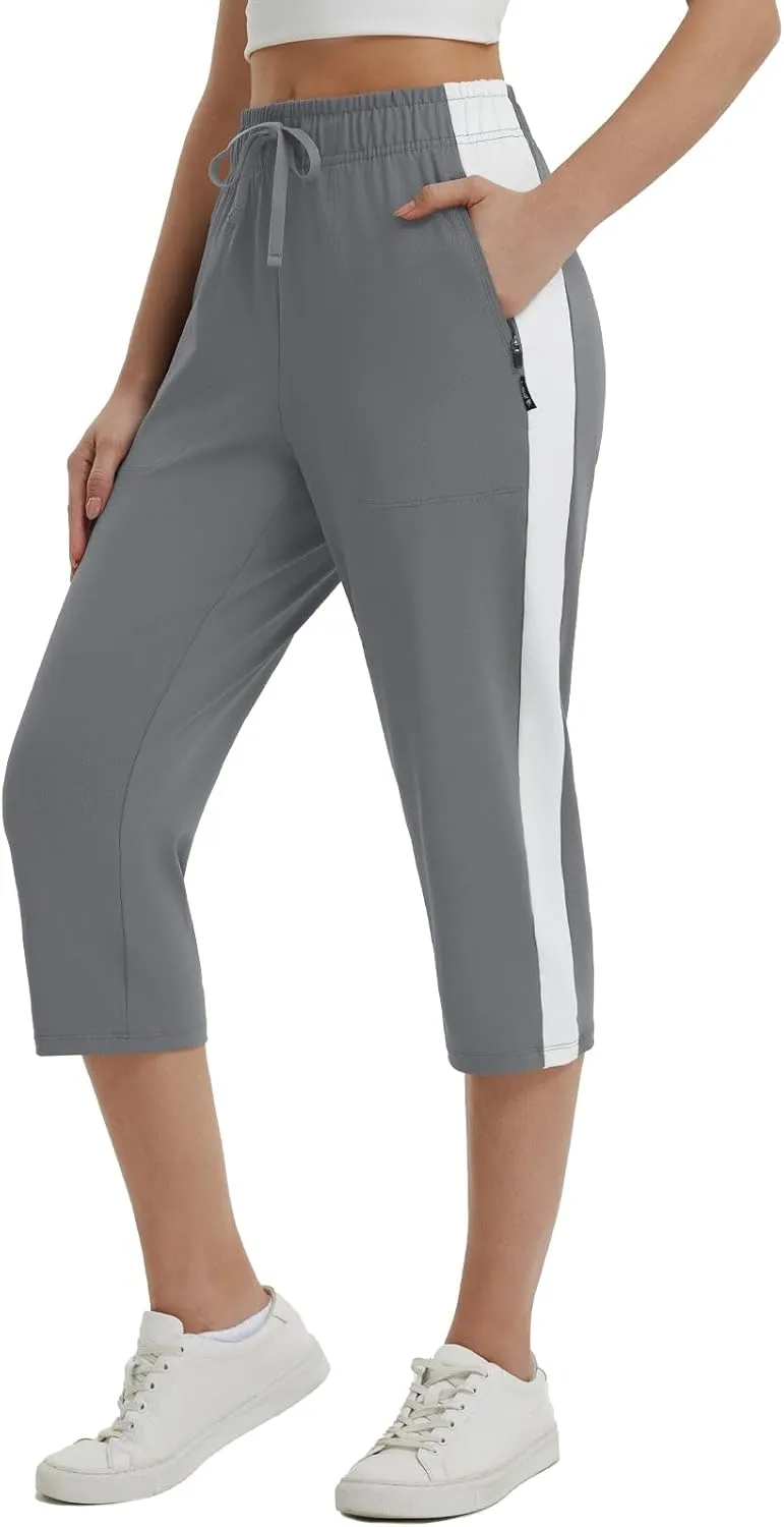 baleaf Womens Yoga Capri Pants with Zipper Pockets Summer Drawstring Capris Joggers Lounge Crop 19"