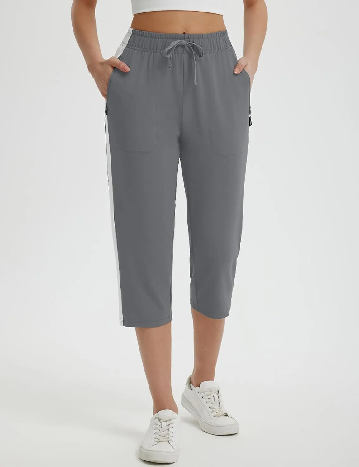 baleaf Womens Yoga Capri Pants with Zipper Pockets Summer Drawstring Capris Joggers Lounge Crop 19"