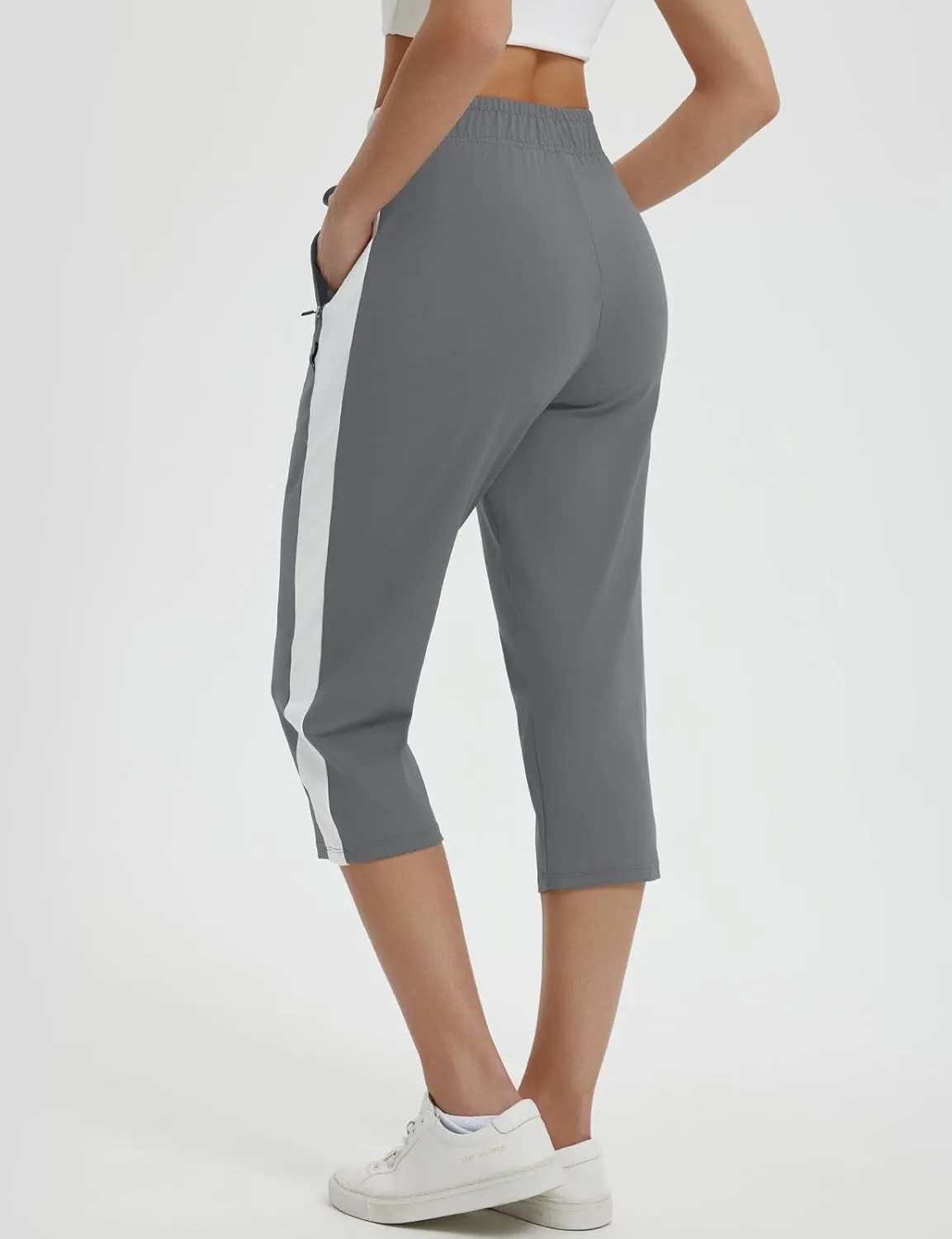 baleaf Womens Yoga Capri Pants with Zipper Pockets Summer Drawstring Capris Joggers Lounge Crop 19"
