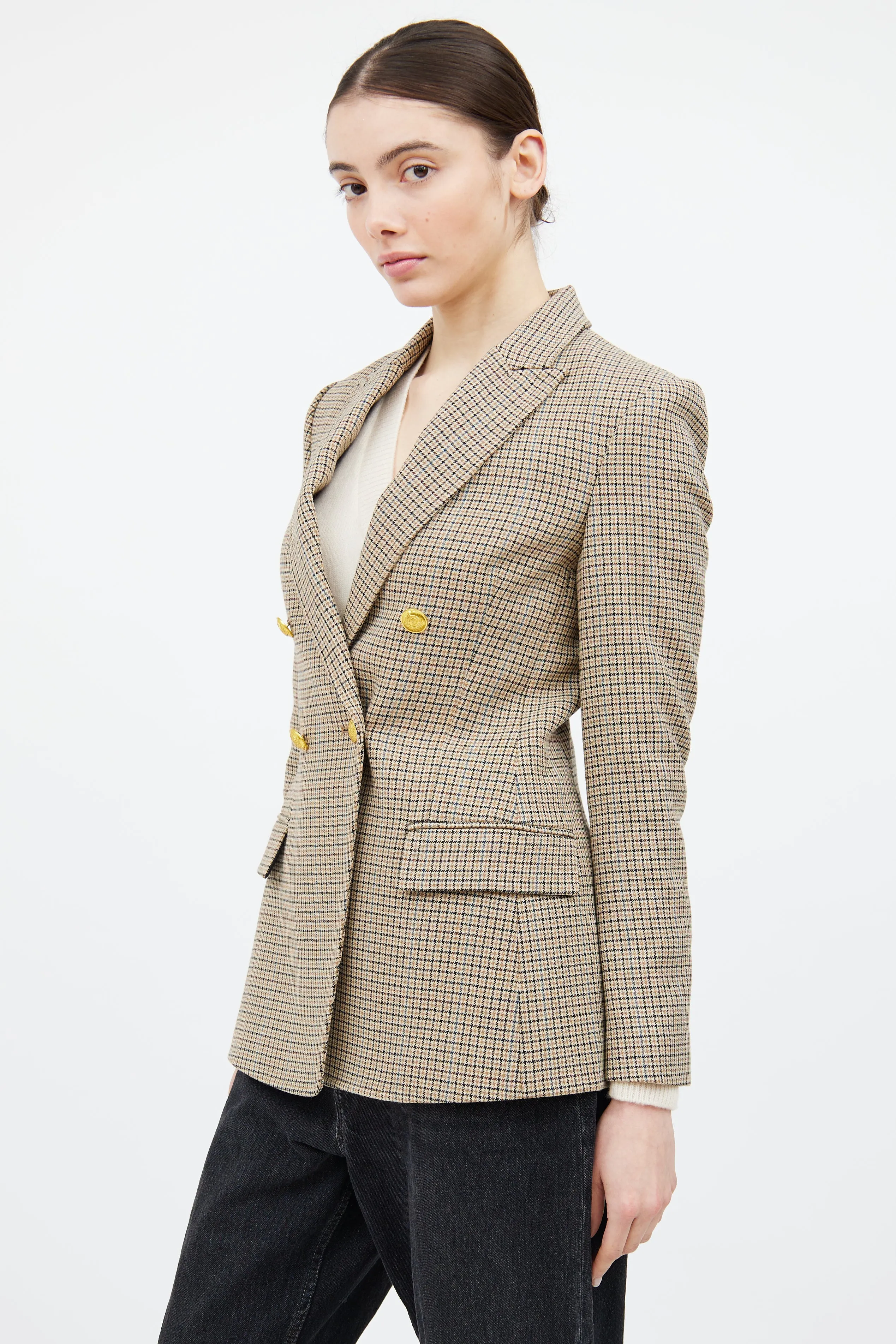 Beige & Multicolour Houndstooth Plaid Blazer
