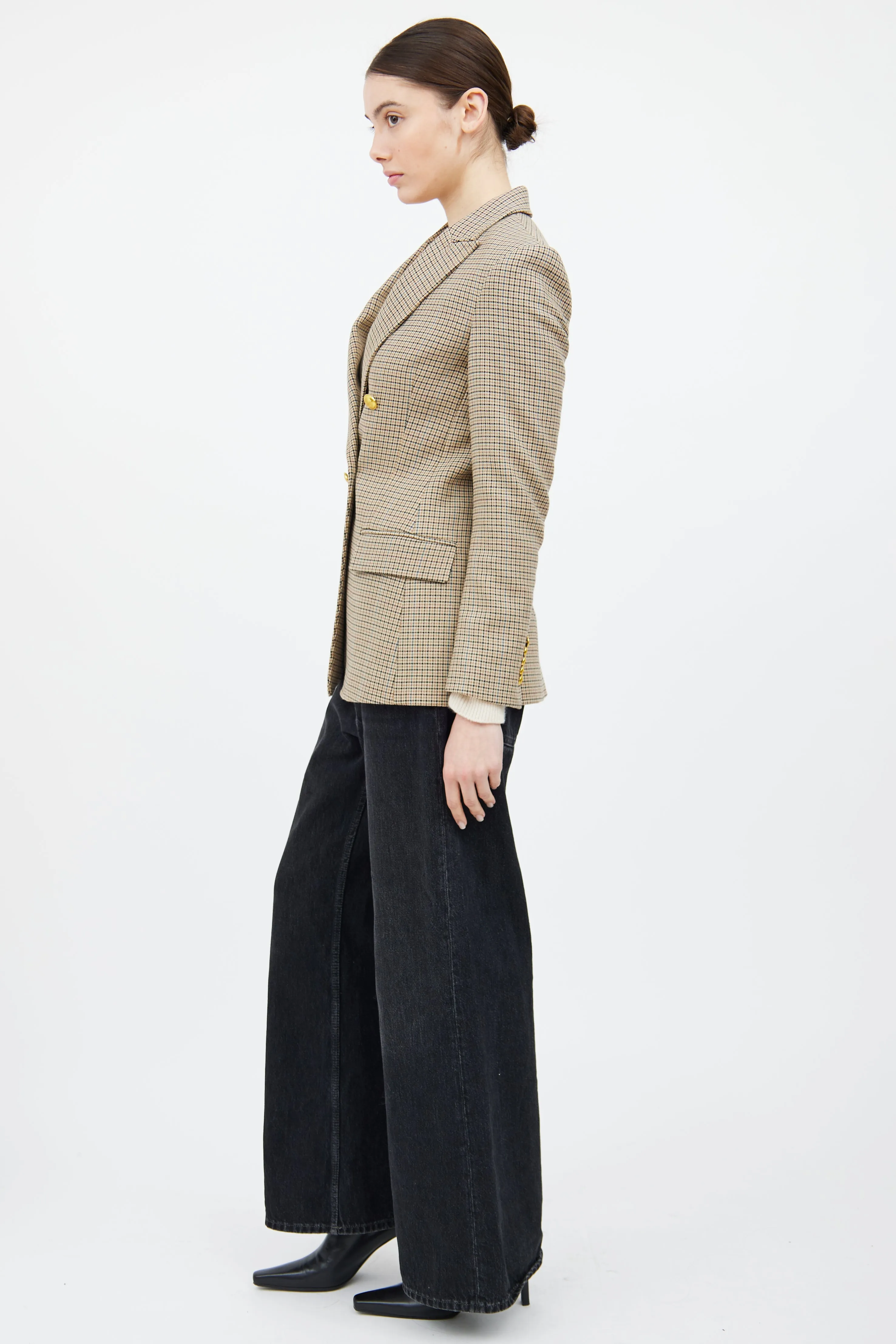 Beige & Multicolour Houndstooth Plaid Blazer