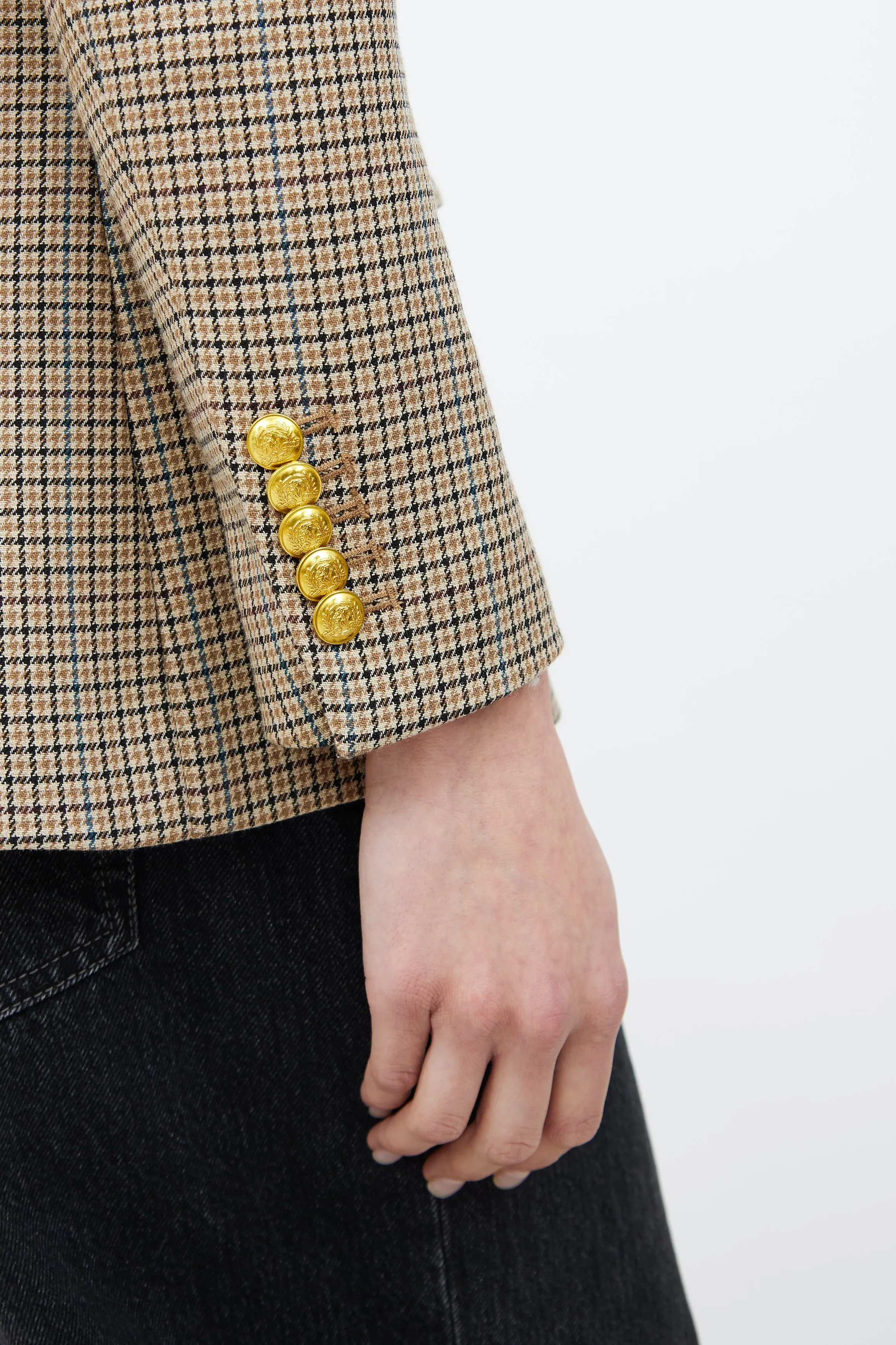 Beige & Multicolour Houndstooth Plaid Blazer