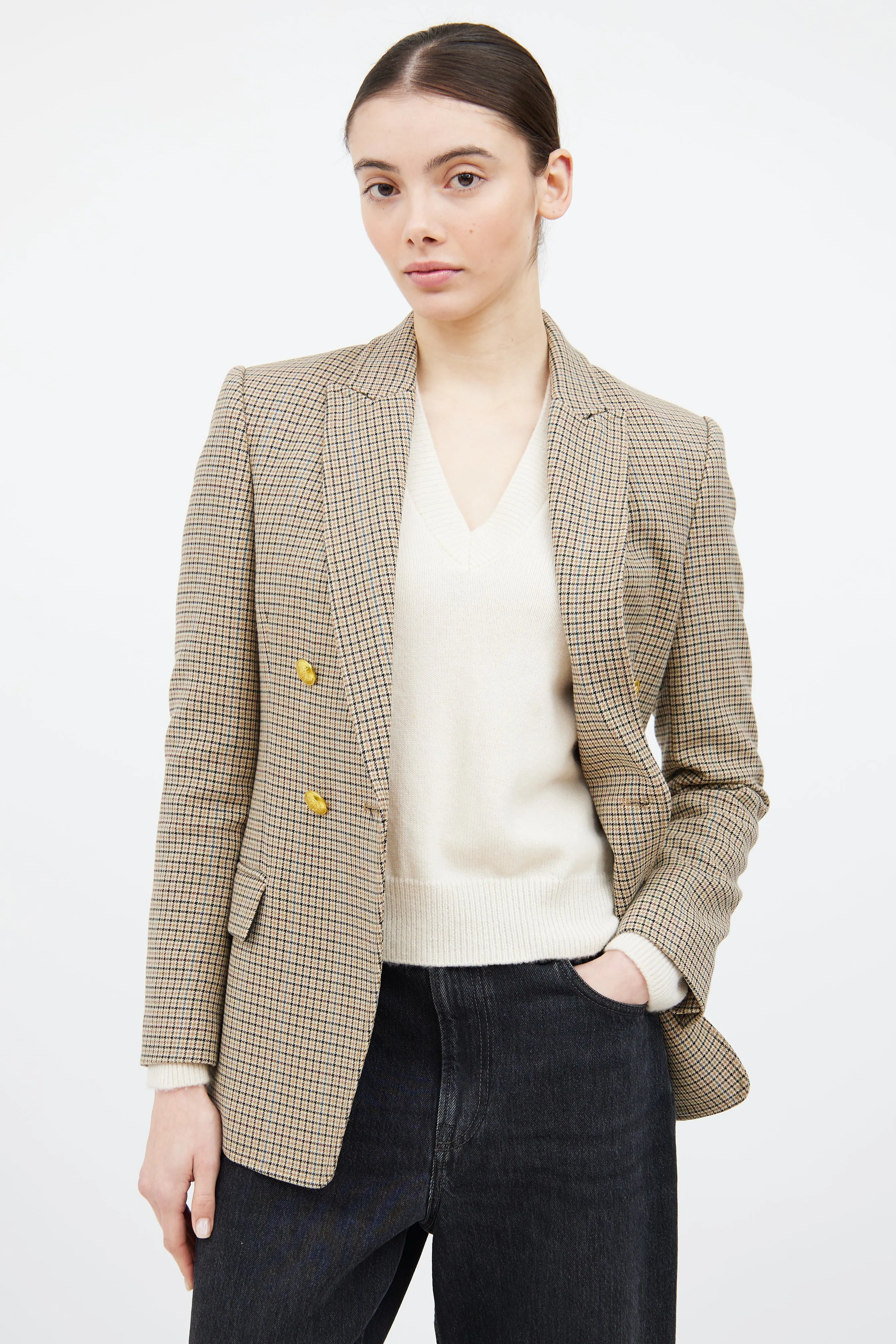 Beige & Multicolour Houndstooth Plaid Blazer