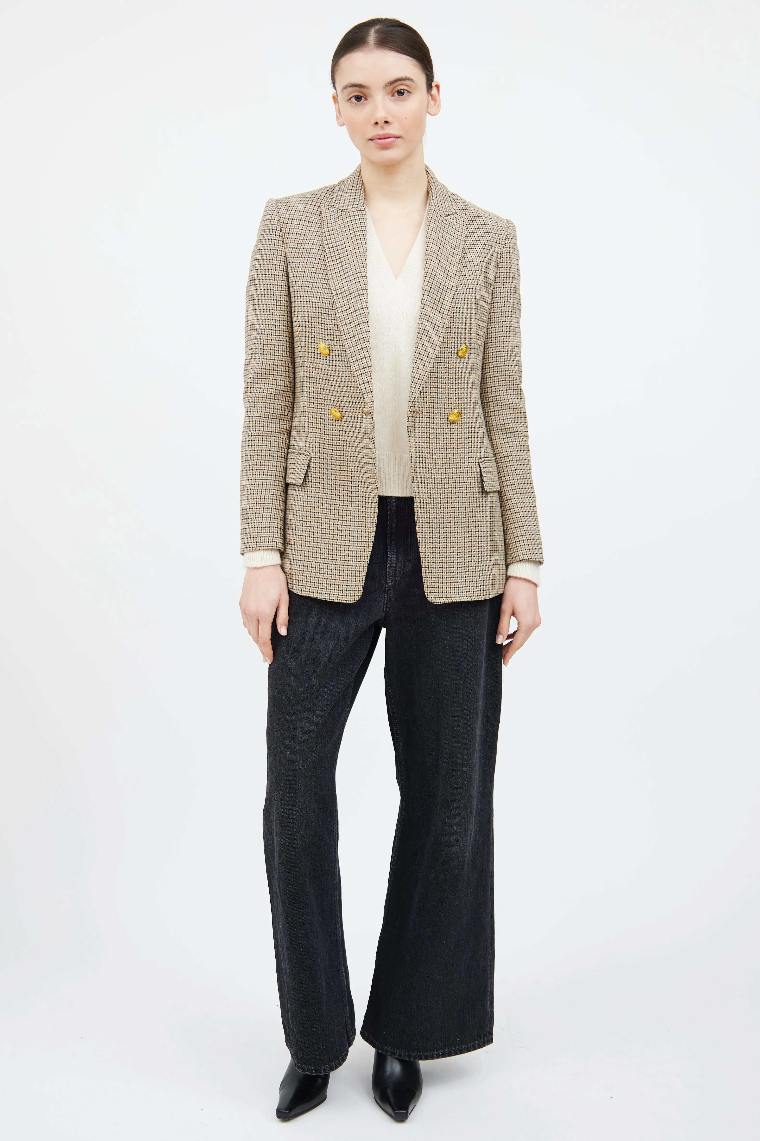Beige & Multicolour Houndstooth Plaid Blazer