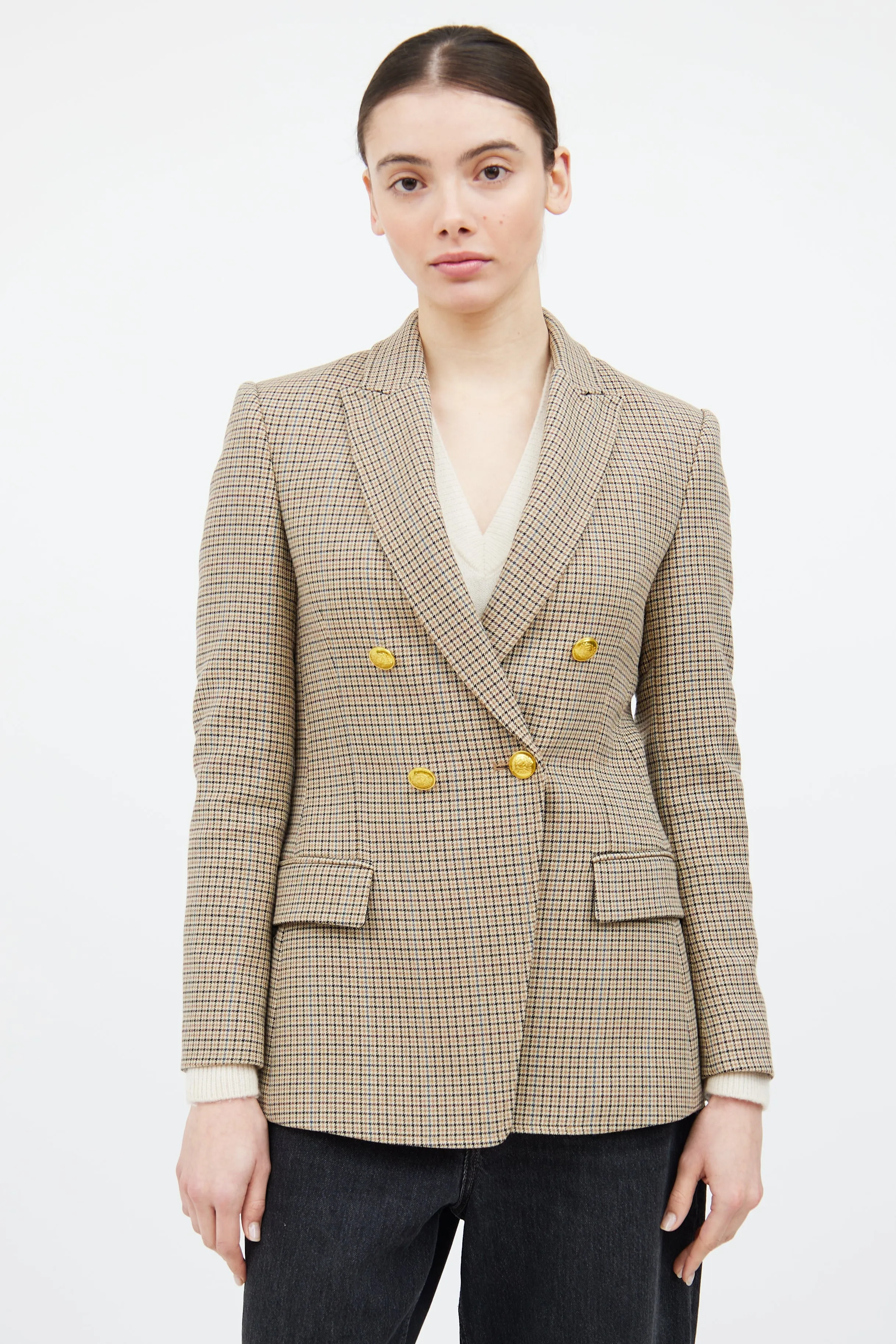 Beige & Multicolour Houndstooth Plaid Blazer