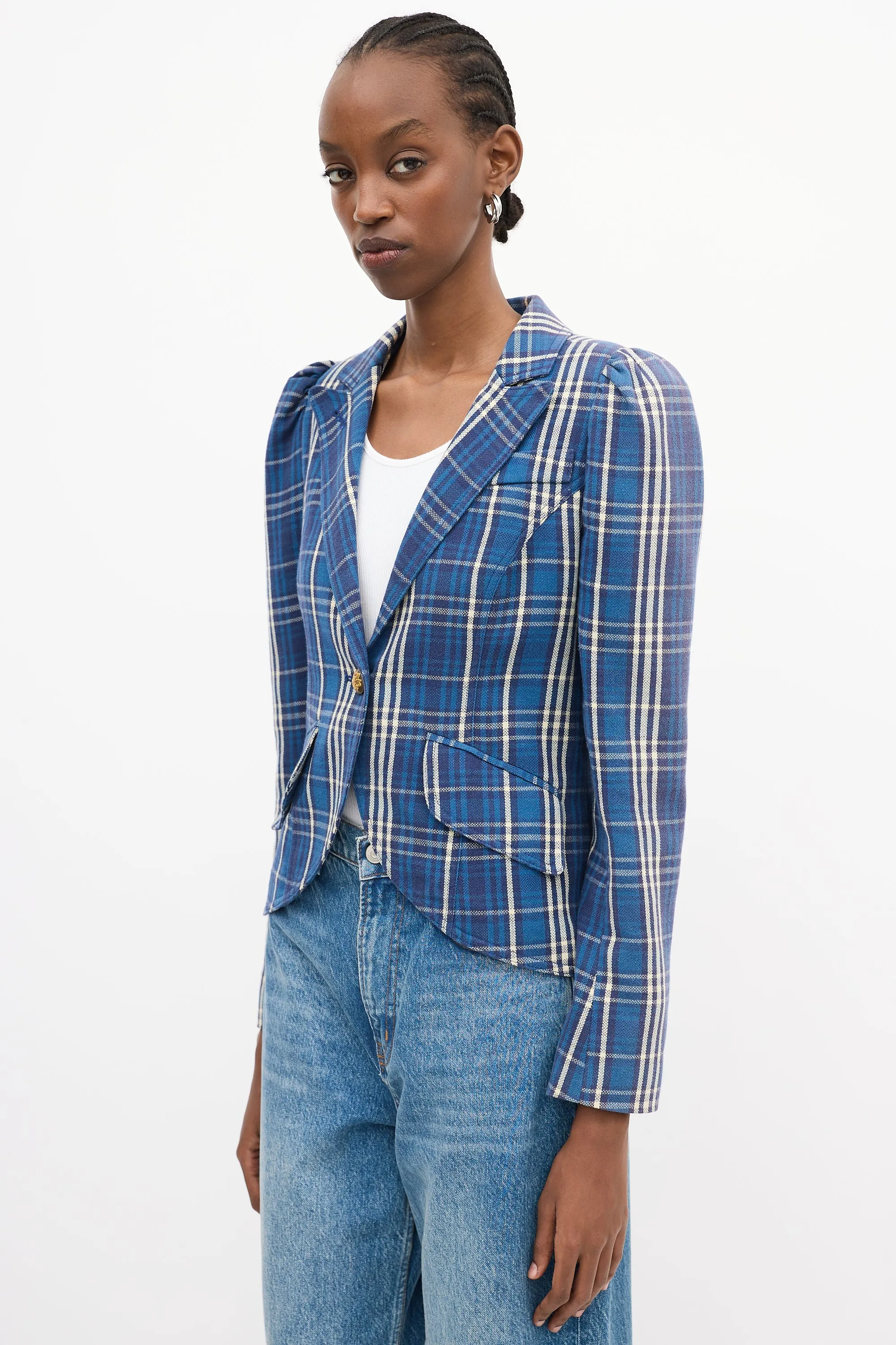Blue Cotton Plaid Pouf Sleeve Blazer