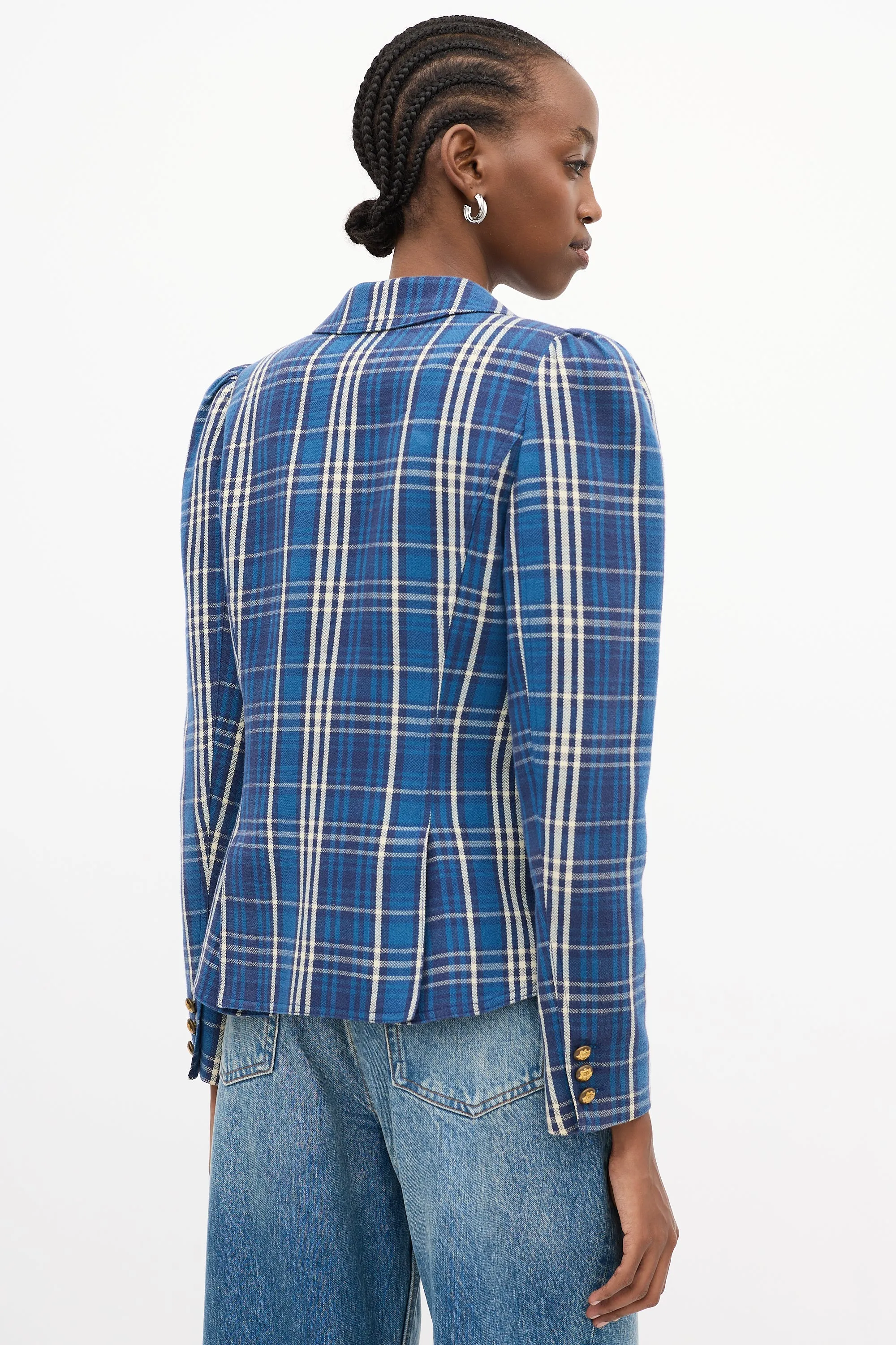 Blue Cotton Plaid Pouf Sleeve Blazer