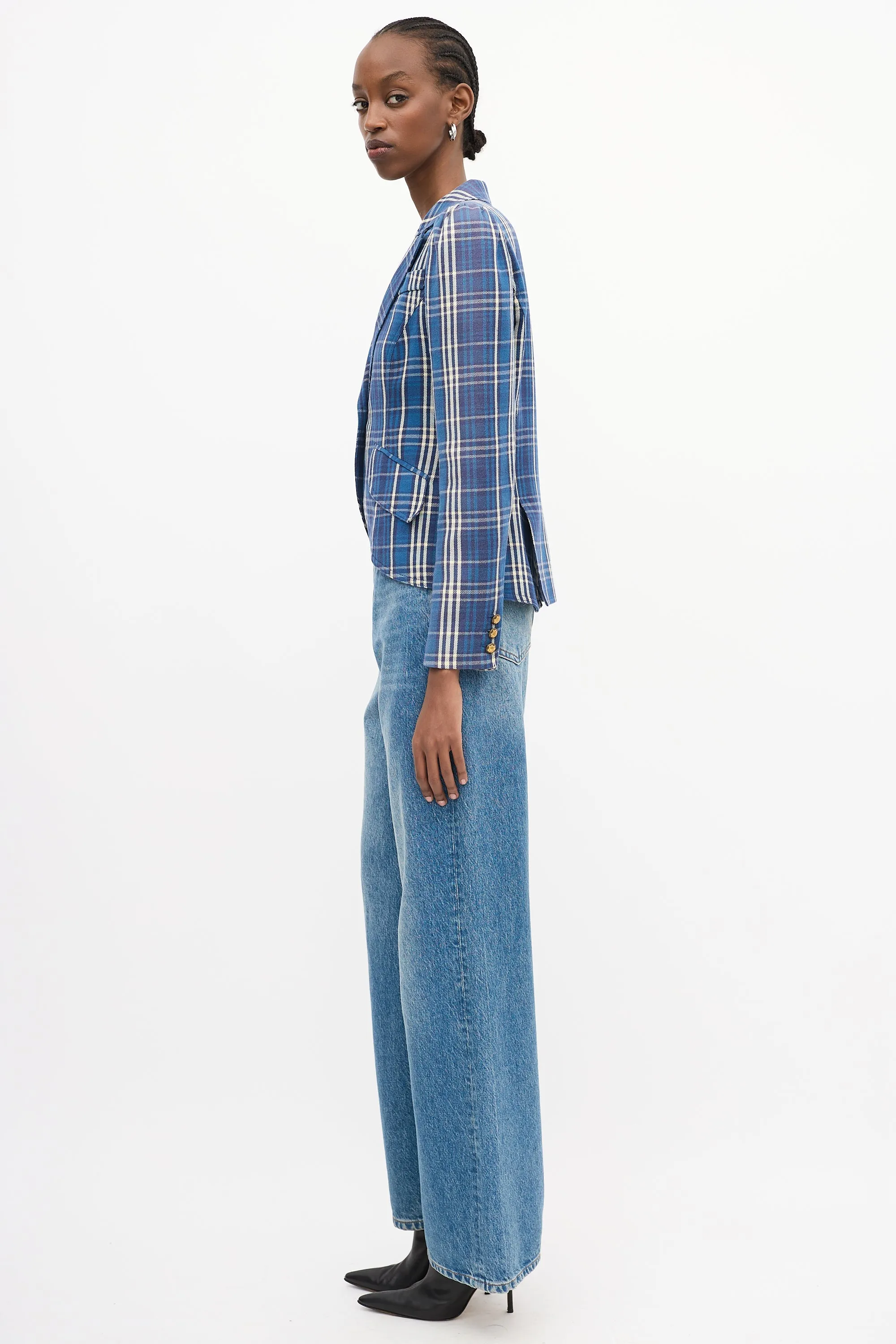 Blue Cotton Plaid Pouf Sleeve Blazer