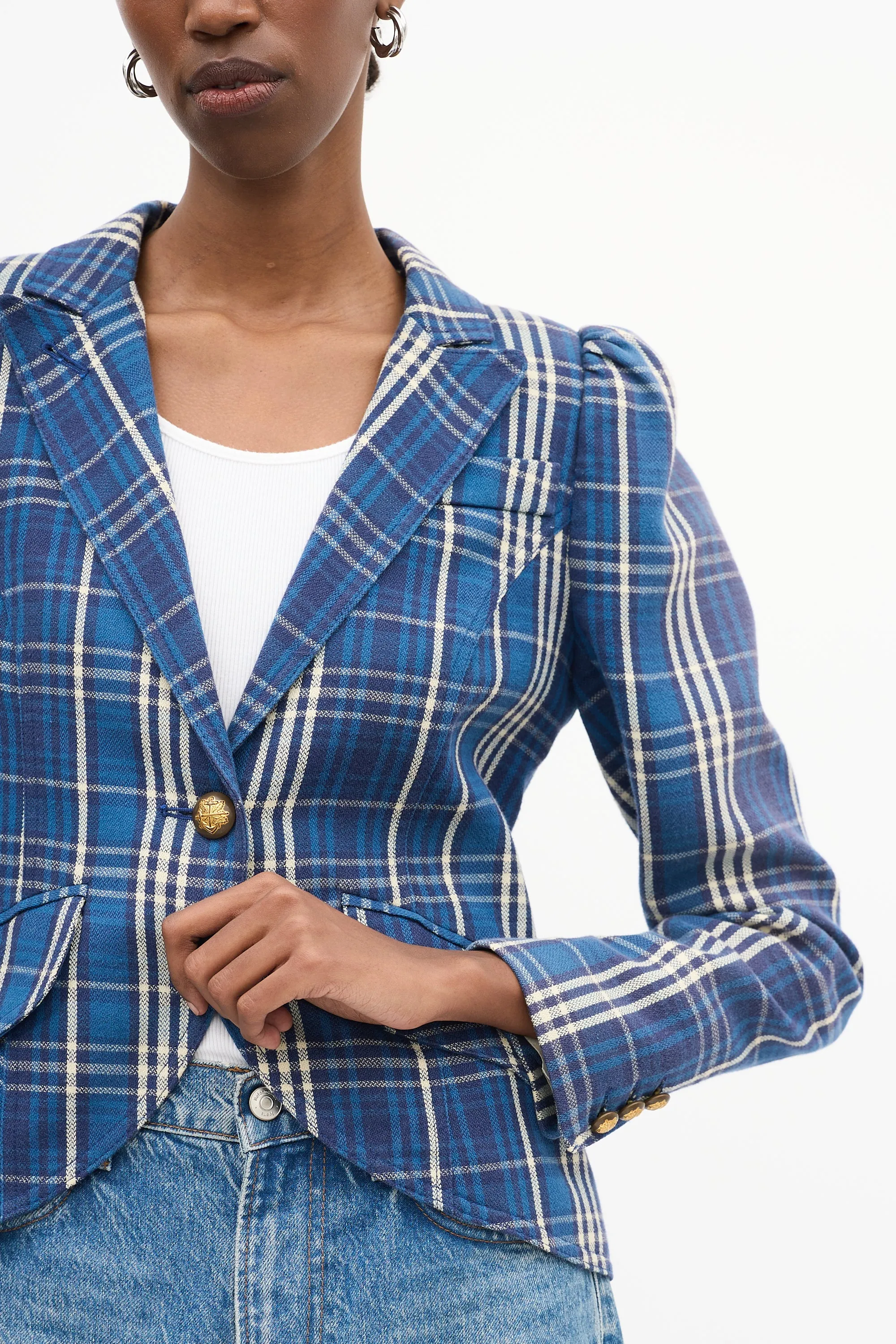 Blue Cotton Plaid Pouf Sleeve Blazer