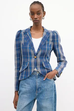 Blue Cotton Plaid Pouf Sleeve Blazer