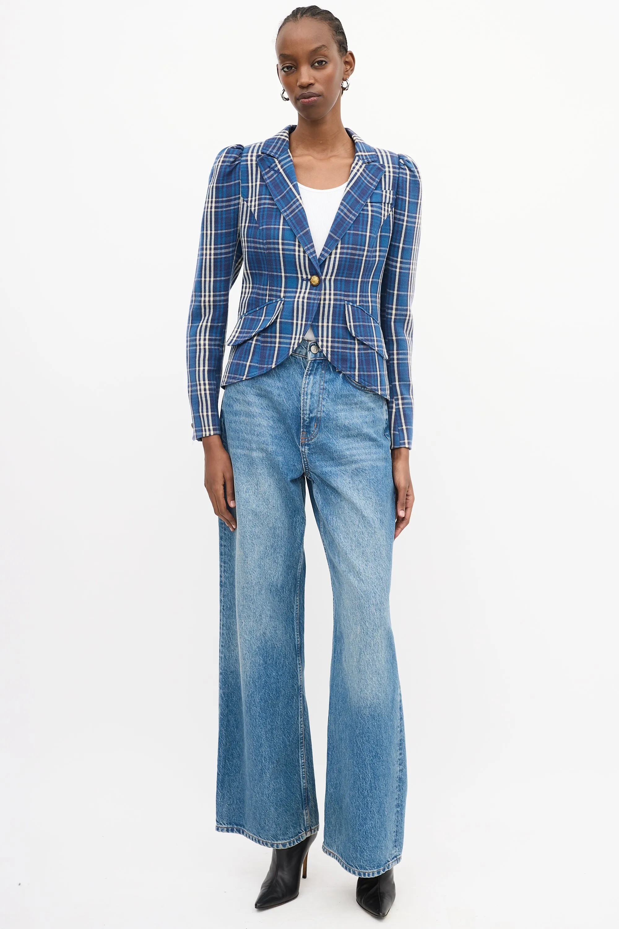Blue Cotton Plaid Pouf Sleeve Blazer