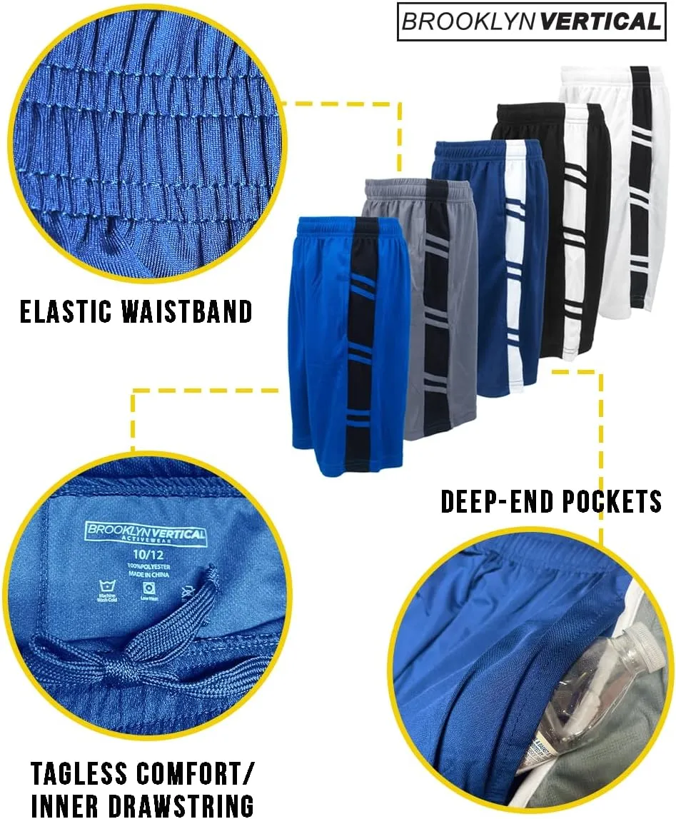 BROOKLYN VERTICAL Boys 5-Pack Athletic Mesh Basketball Shorts with Pockets| Sizes 2T to 18/20