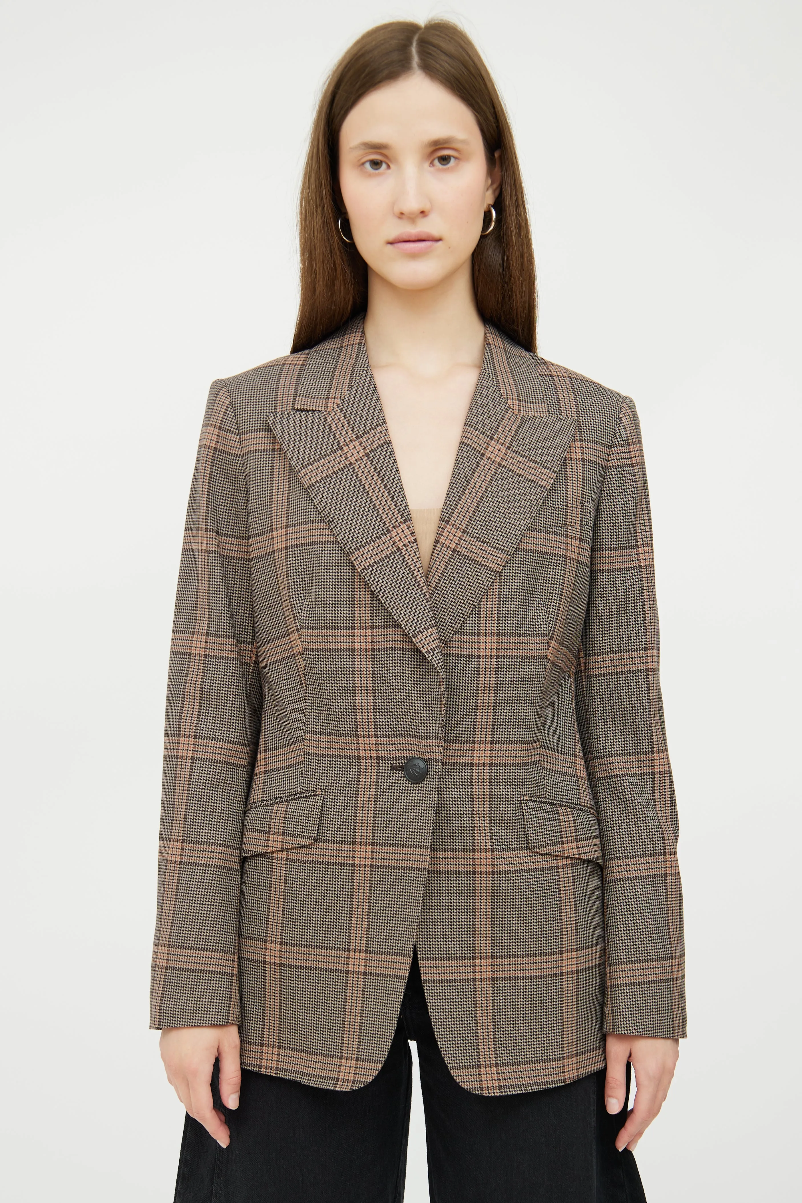 Brown Plaid Wool Blend Blazer